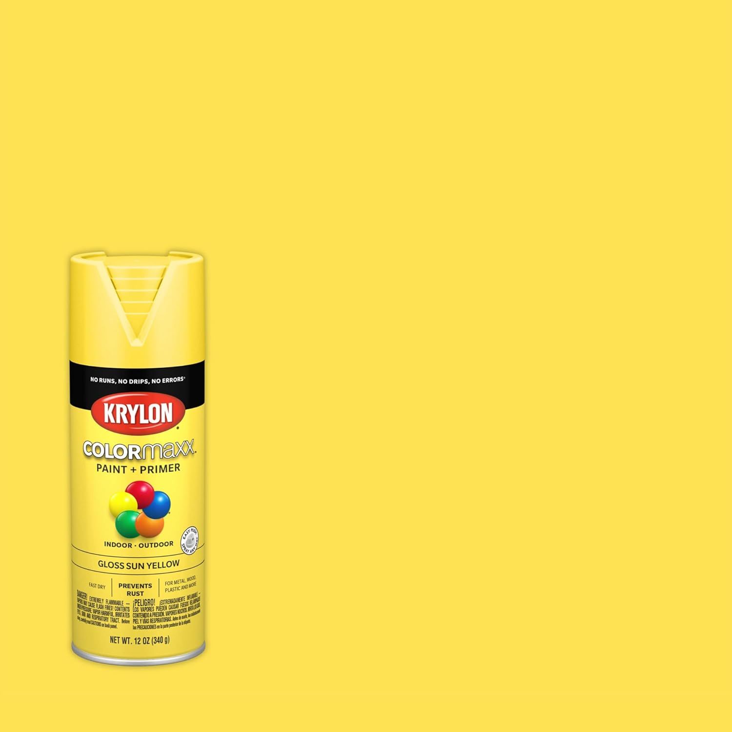 Displays the Krylon spray paint can in a clean, catalog-style format against a solid yellow background that matches the product color, allowing shoppers to clearly see the product packaging and…