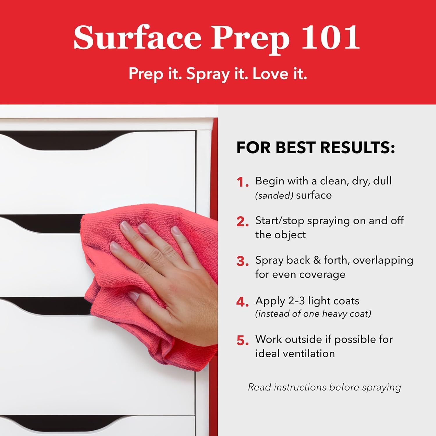 Provides step-by-step instructions on how to properly prepare surfaces and apply the spray product for best results, helping shoppers understand the correct usage process.