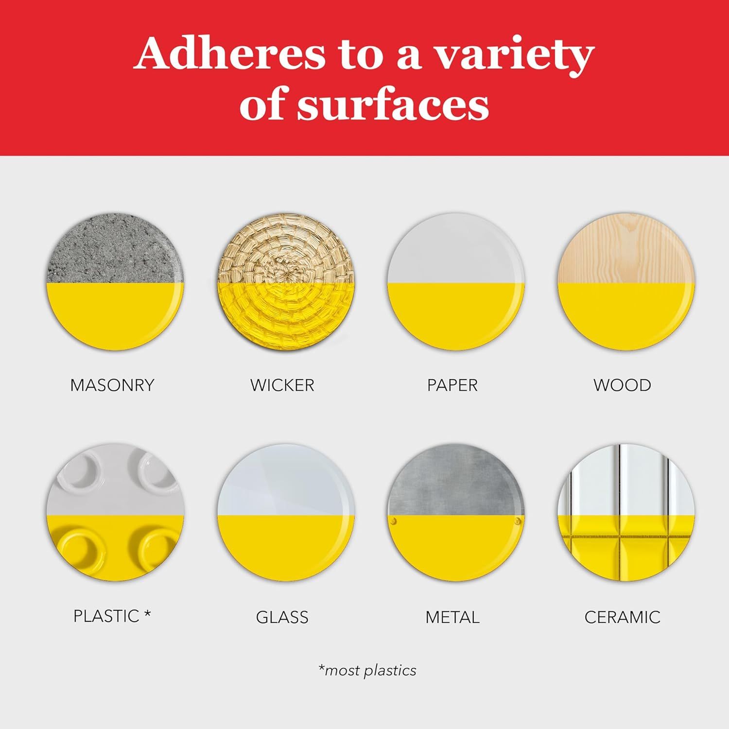 Demonstrates the product's versatility by showing it adheres to eight different surface types (masonry, wicker, paper, wood, plastic, glass, metal, ceramic), reassuring shoppers it will work in…
