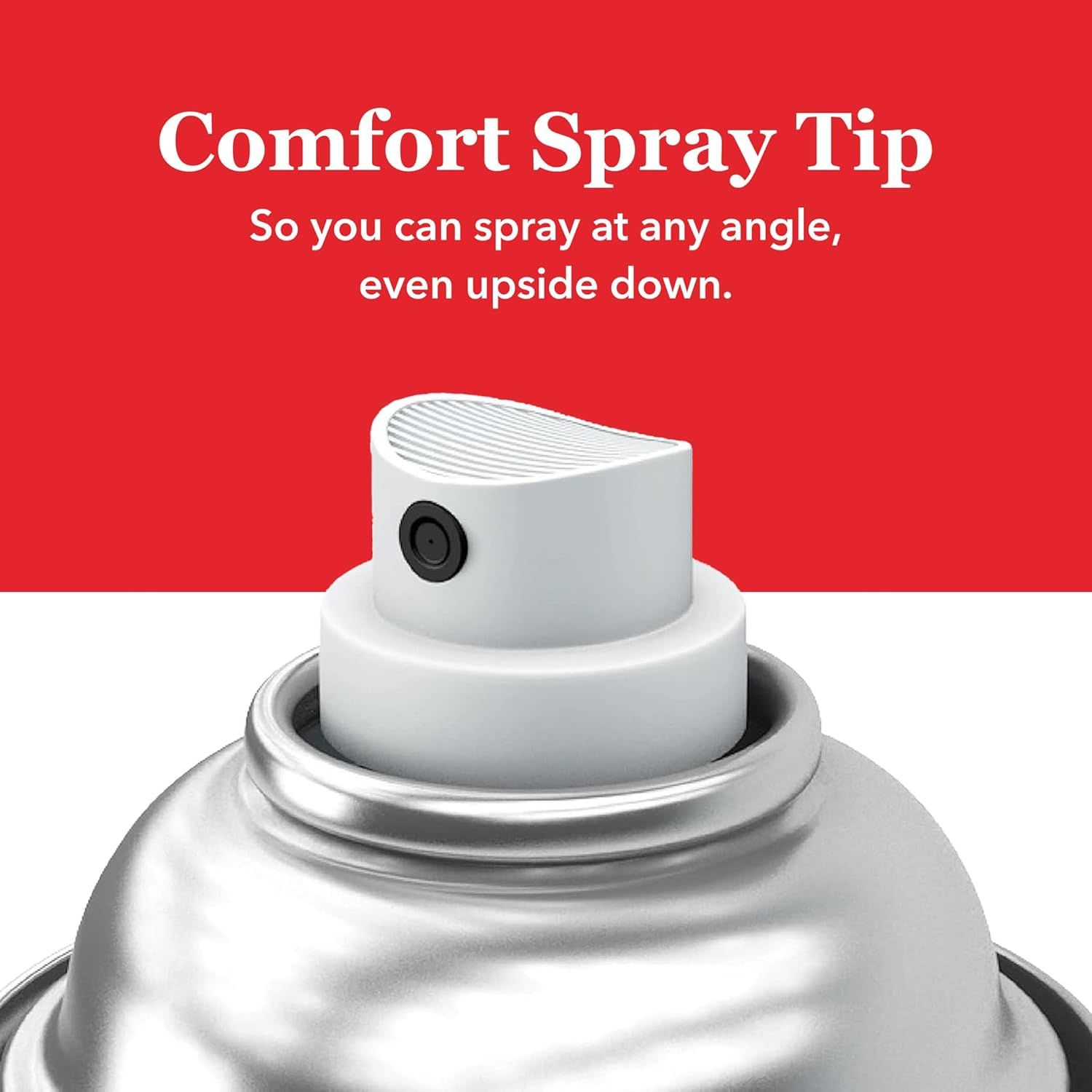 Highlights the comfort spray tip feature that allows the product to spray at any angle, even upside down, emphasizing ease of use and versatility. Communicates the key benefit of being able to spray…