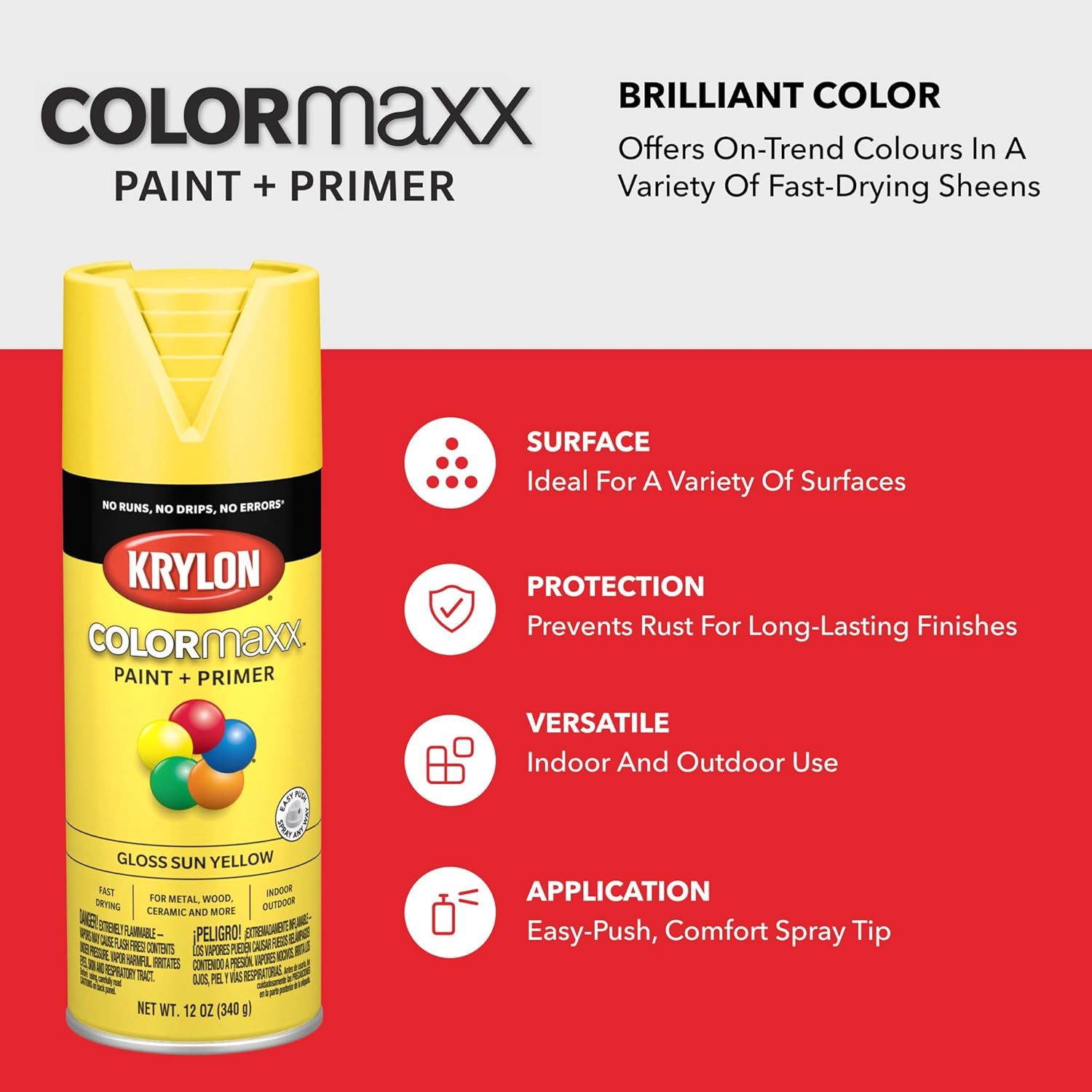 Communicates multiple key benefits of the Krylon ColorMaxx paint in a segmented layout, highlighting color quality, surface compatibility, protection, versatility, and ease of use to help shoppers…