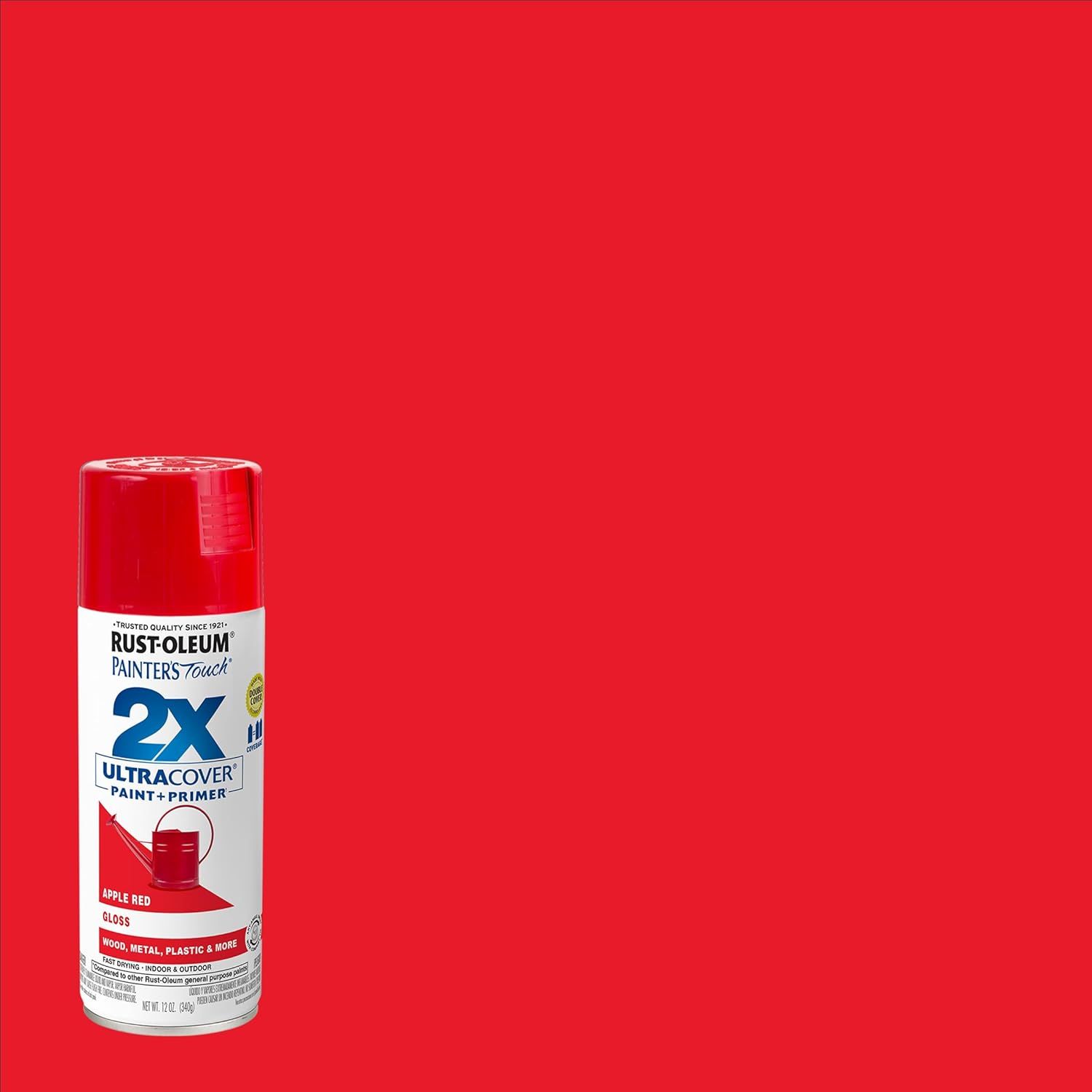 Displays the Rust-Oleum spray paint can in a clean, catalog-style format against a solid red background that matches the product color, allowing shoppers to clearly see the product packaging and…