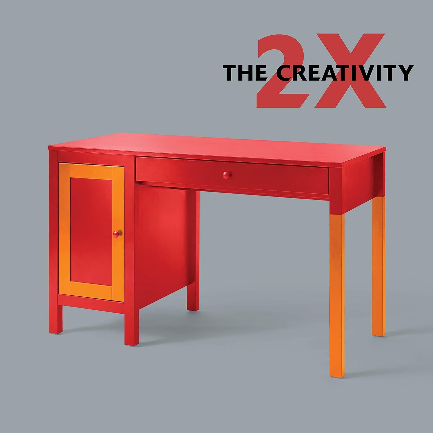 Highlights the product's unique creative design with bold red and orange color blocking to communicate style and creativity as a key benefit for shoppers seeking distinctive furniture.