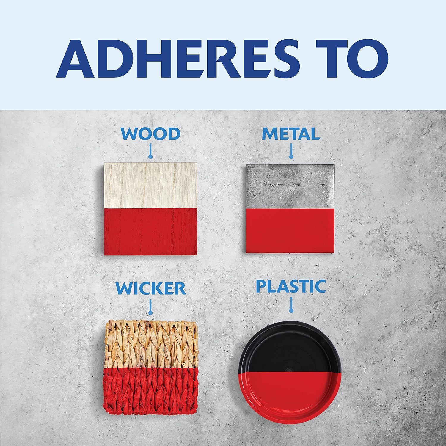 Demonstrates that the product adheres to multiple different material surfaces including wood, metal, wicker, and plastic, reassuring shoppers of its versatility and broad application range.