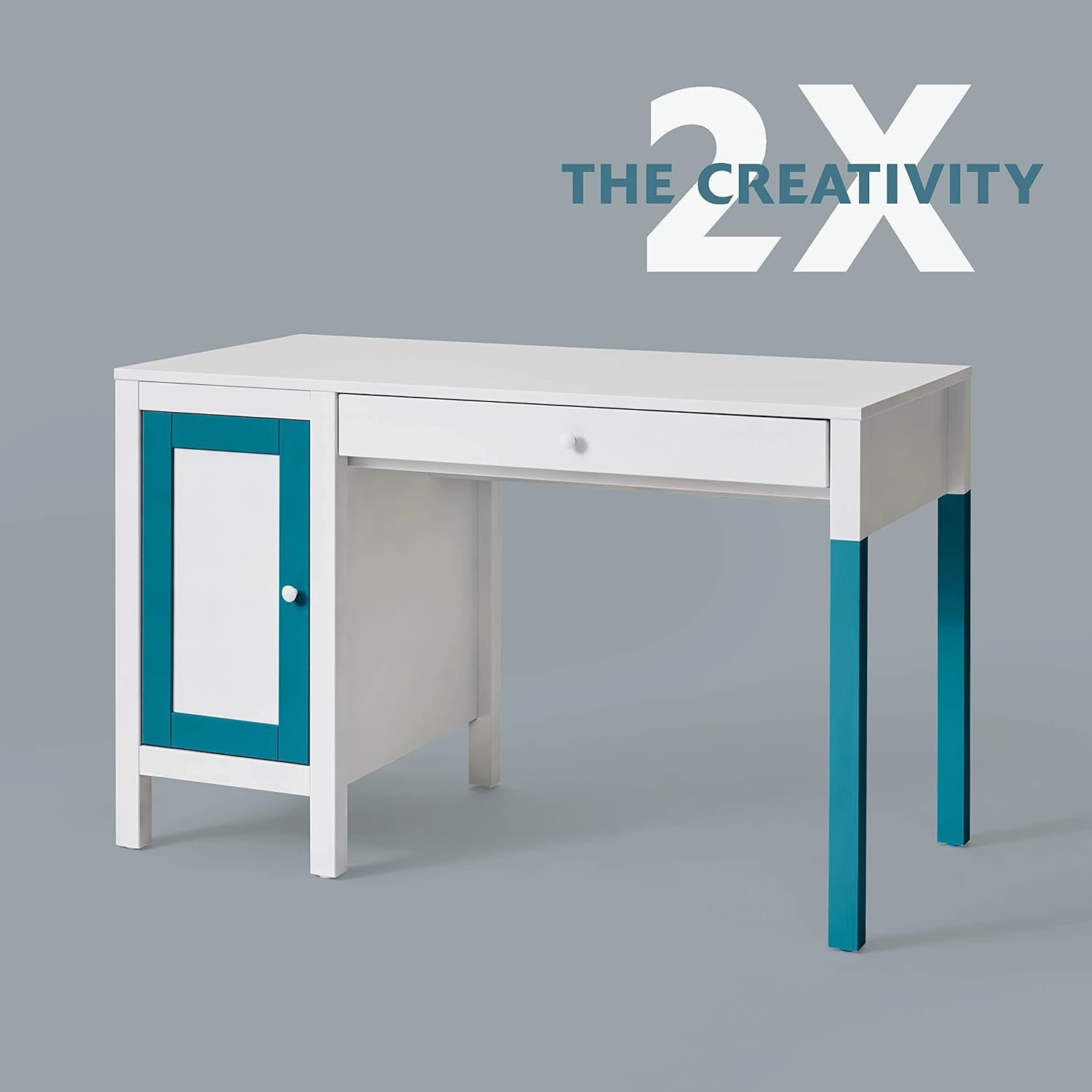 Provides a clean, catalog-style view of the desk product showing its design, color scheme, and storage features without distractions.