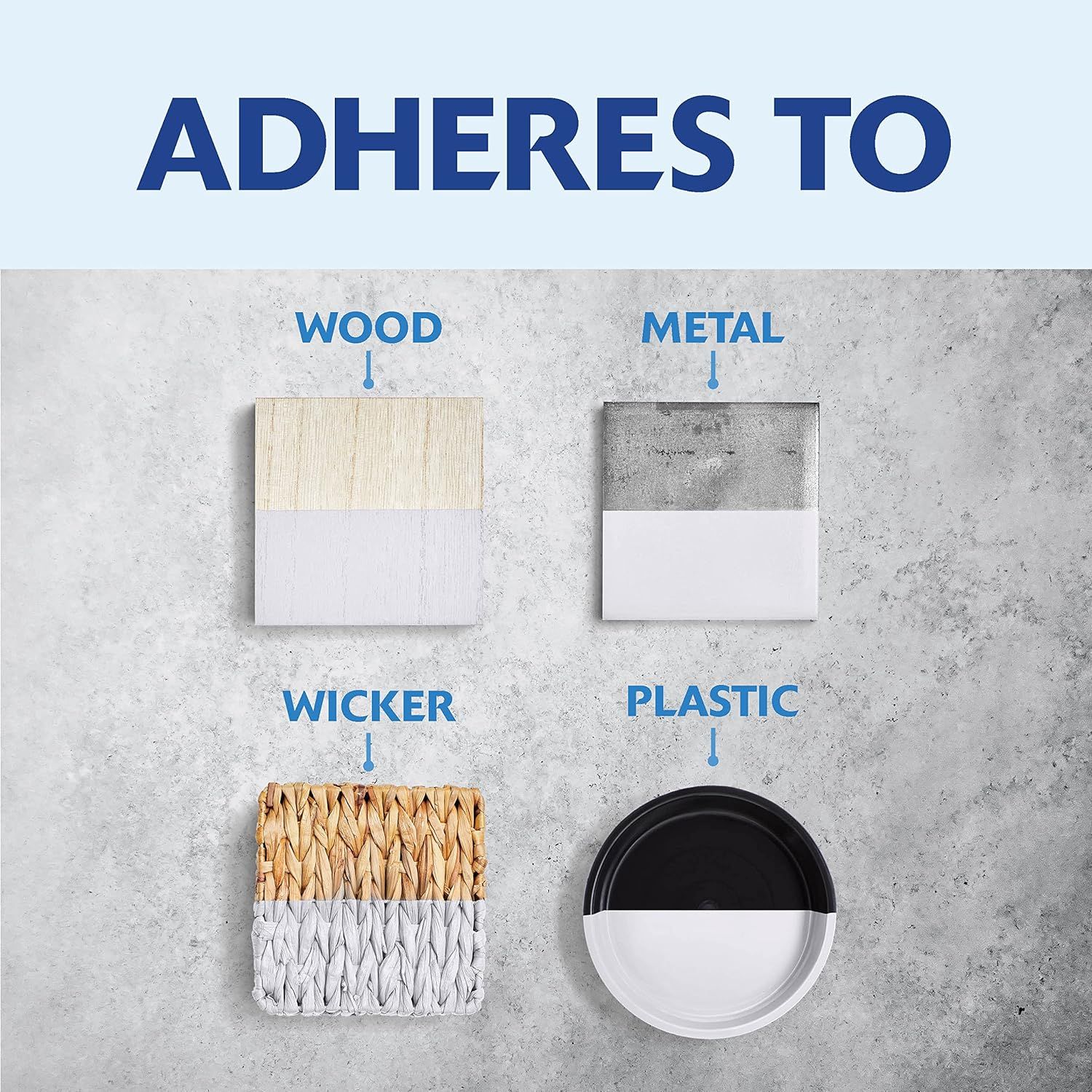 Demonstrates that the product adheres to multiple different surface types (wood, metal, wicker, plastic), reassuring shoppers of its versatility and broad applicability.