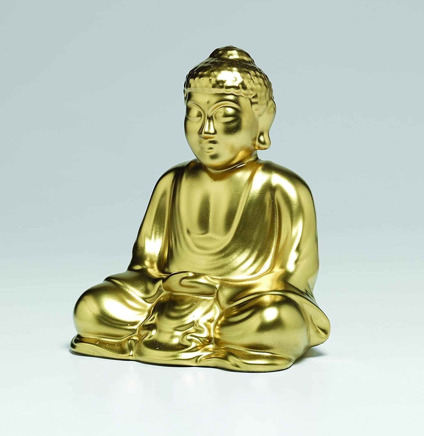 Displays the golden Buddha statue in a clean, catalog-style presentation with no distractions, allowing shoppers to clearly see the product's appearance, finish, and craftsmanship.