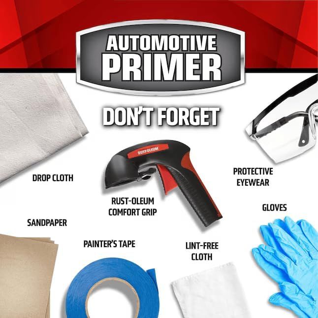 Shows all the items and accessories needed for a complete automotive primer application, reassuring the shopper they have everything required for safe and effective use.