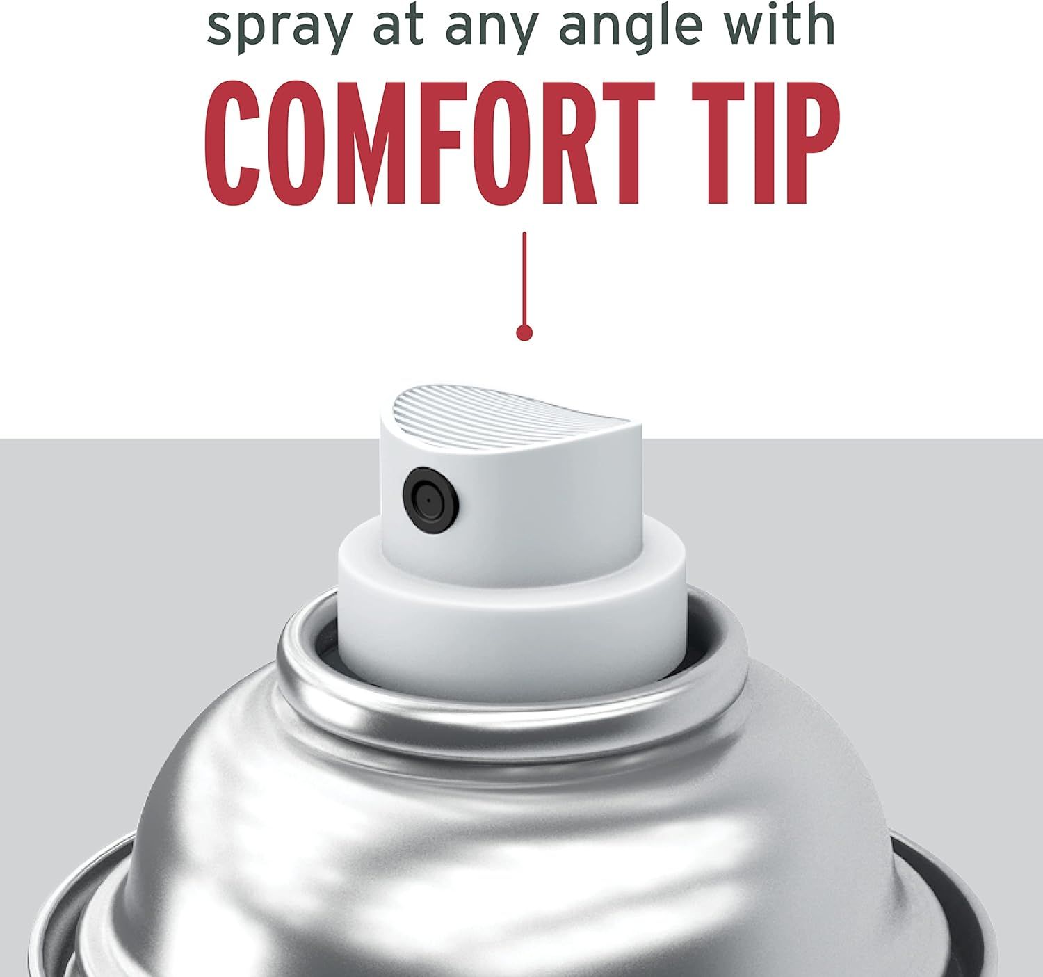 Highlights the comfort tip feature of the spray nozzle, emphasizing that it allows the user to spray at any angle for ease of use and ergonomic application. Communicates the key benefit that the…