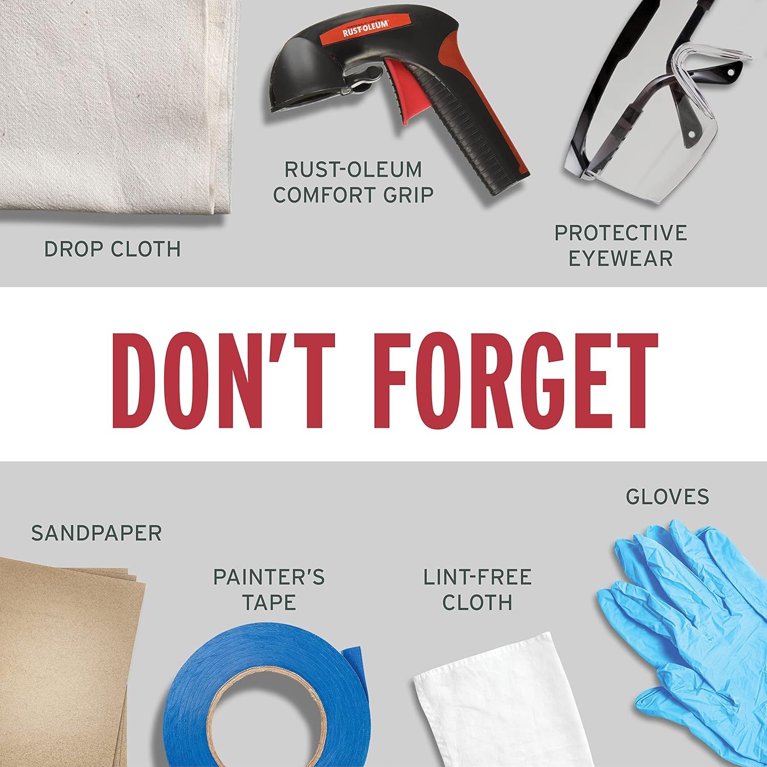 Shows all the items included with the product purchase to reassure shoppers they have everything needed for a painting project, including safety gear and preparation materials.