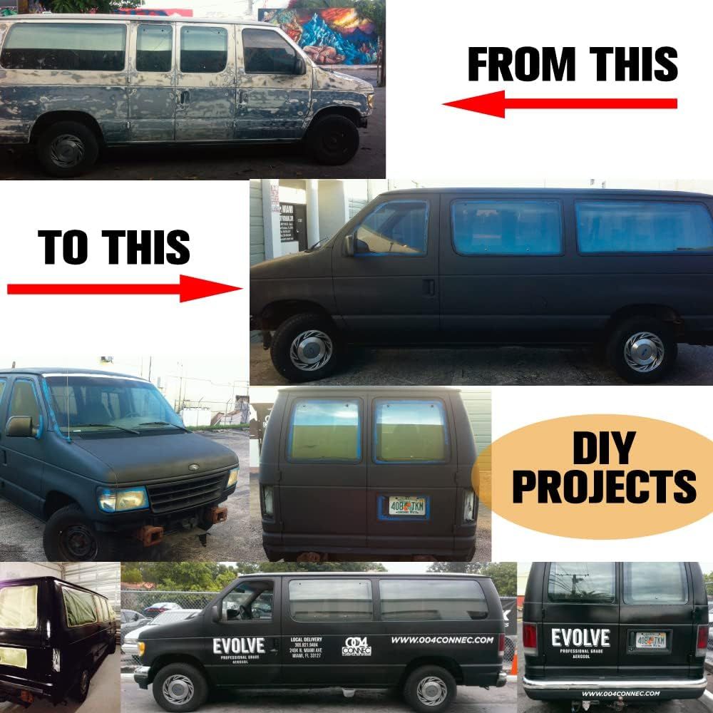 Demonstrates the dramatic transformation of a van from a damaged, worn-out state to a professionally restored vehicle, showcasing the effectiveness of DIY restoration work or professional services.