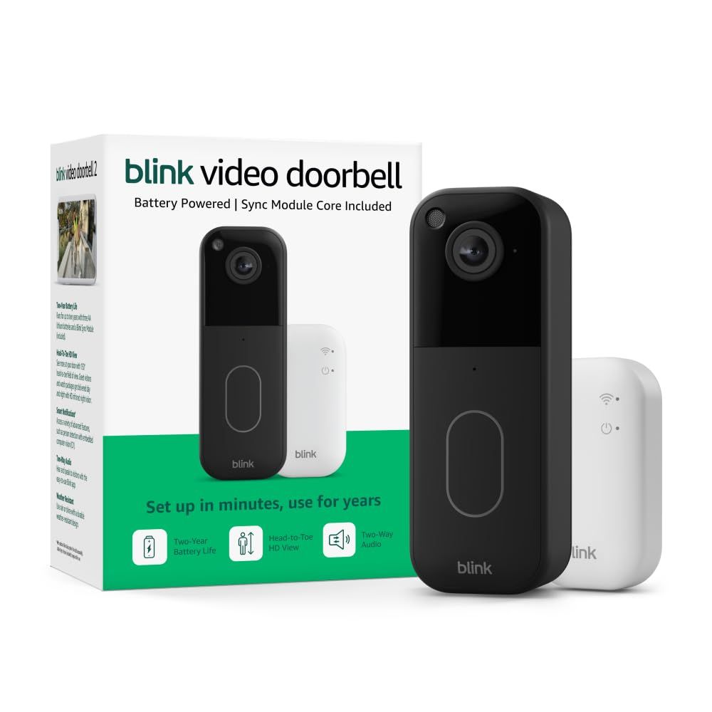Shows everything included in the package—the video doorbell and sync module—to help shoppers understand what they receive when they purchase this product.
