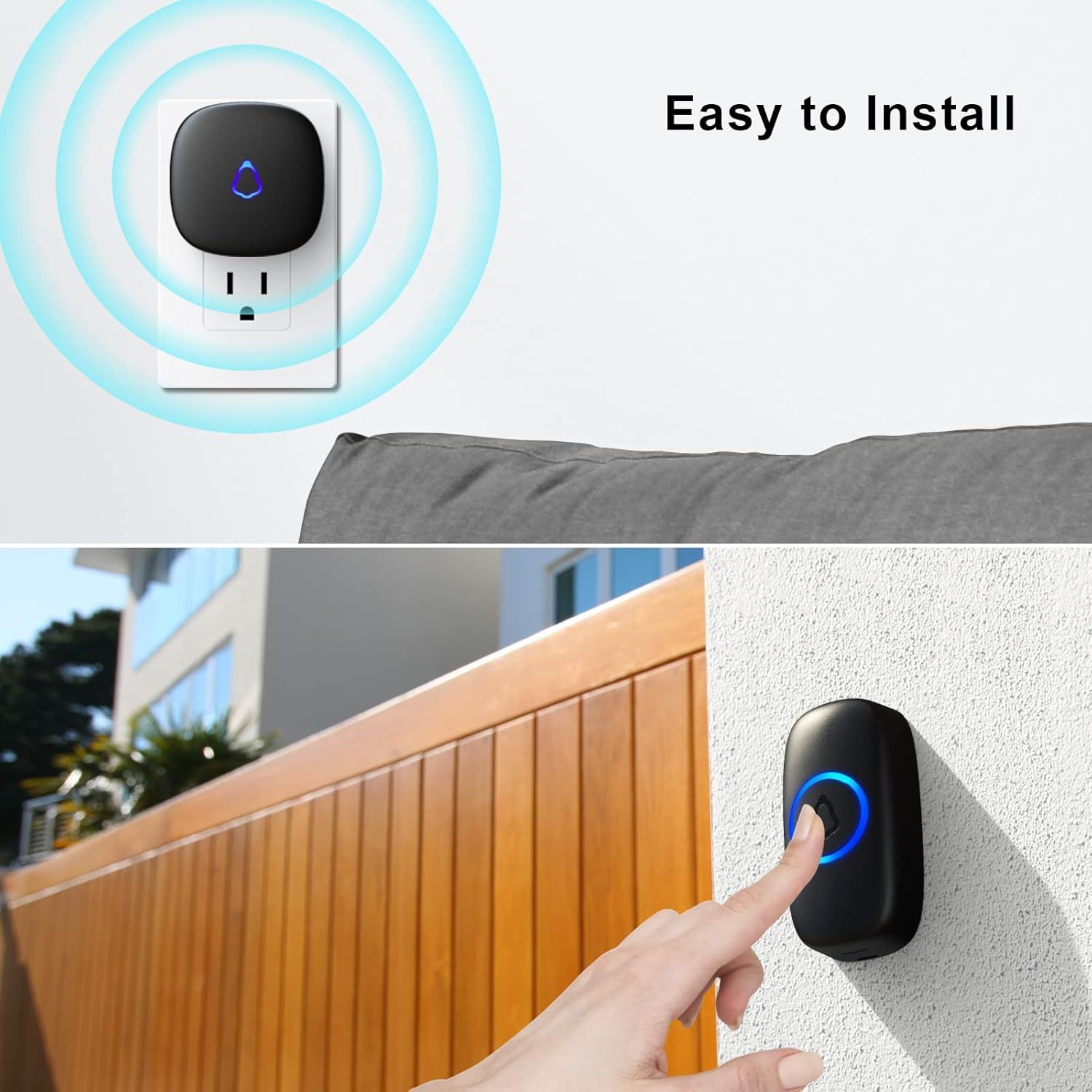 Demonstrates how simple it is to install and use the product by showing it plugged into a wall outlet and mounted outdoors, reassuring shoppers that no complex setup is required. Highlights the ease…