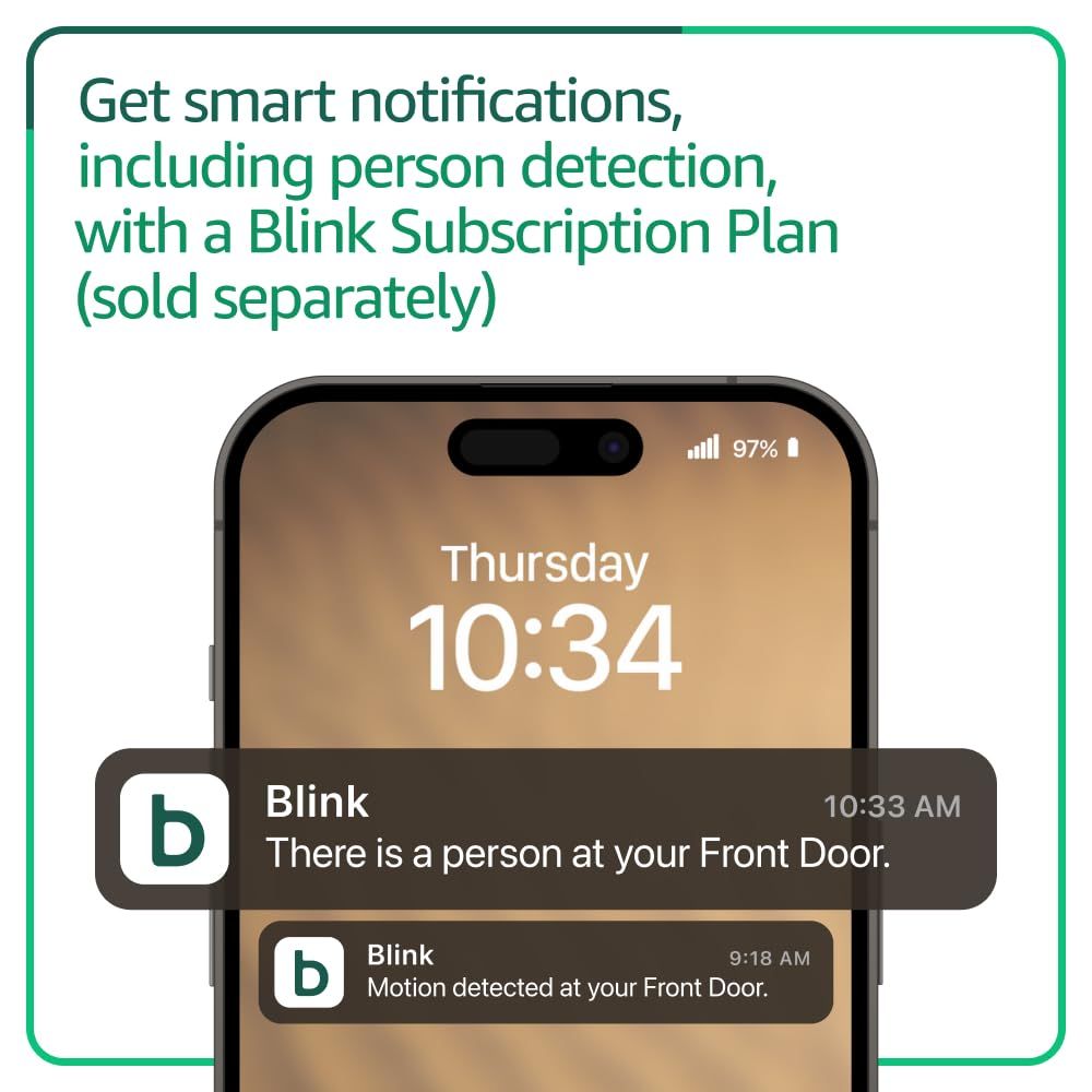 Communicates that the product provides intelligent alerts including person detection capabilities when paired with a Blink Subscription Plan, reassuring shoppers of enhanced security monitoring.
