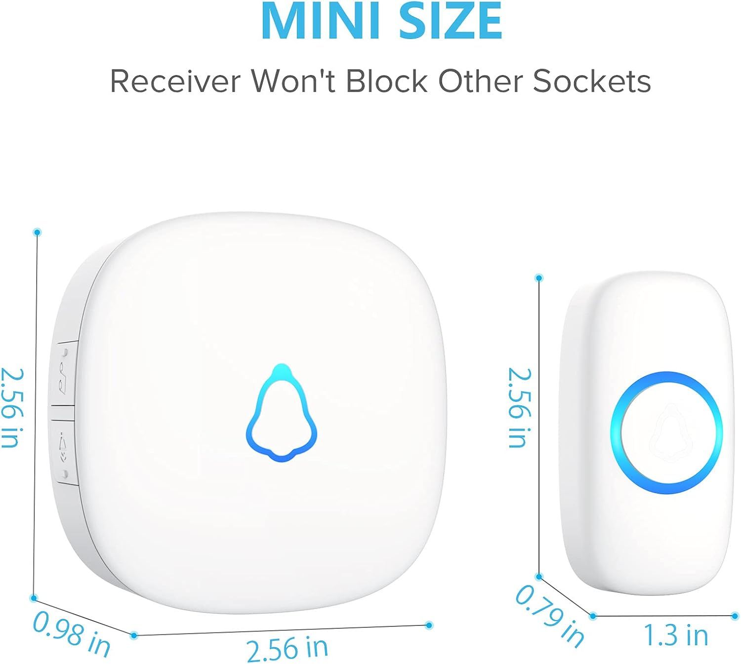 Communicates the small, space-saving physical dimensions of both the receiver and transmitter units, reassuring shoppers that the devices won't block other outlets or take up excessive space.
