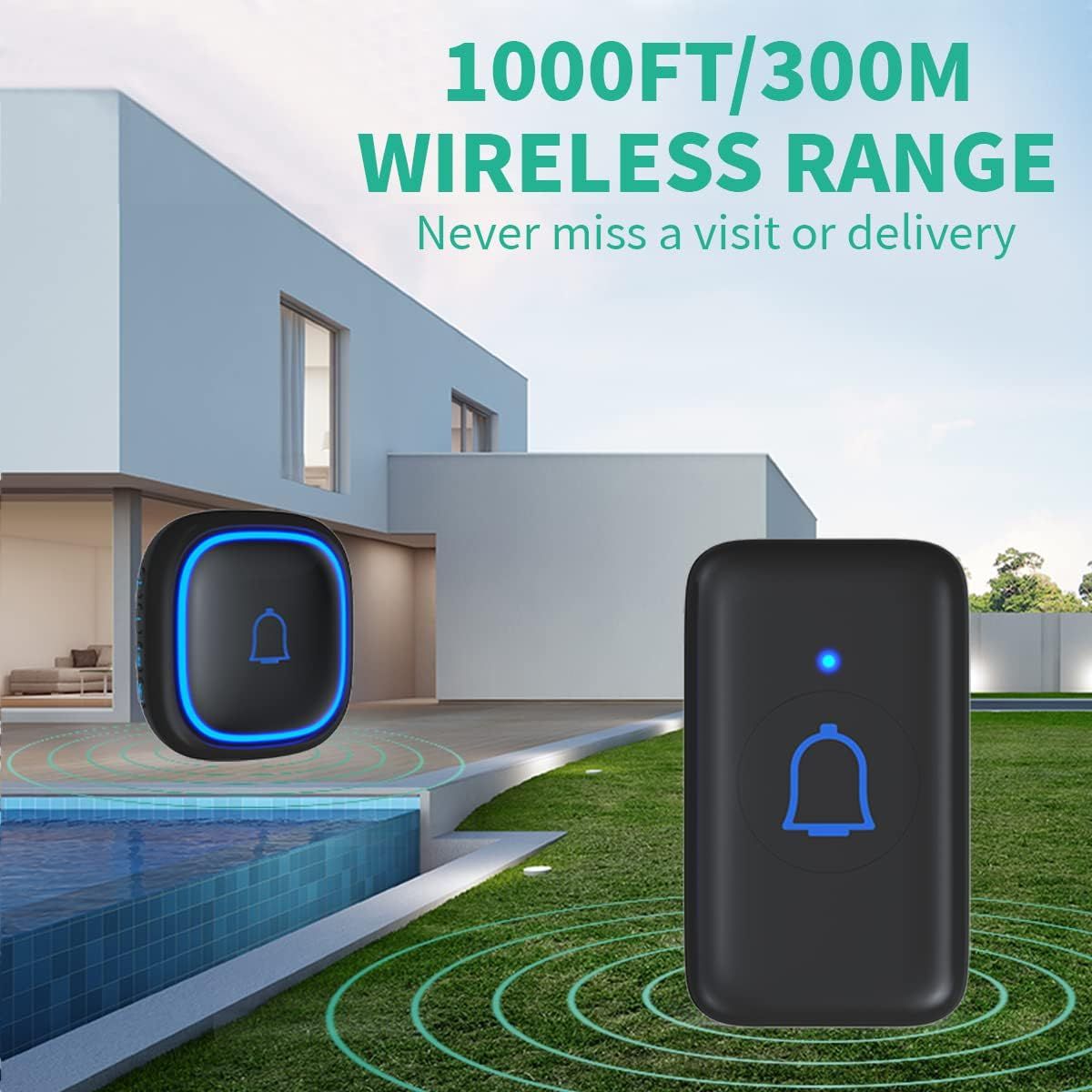 Communicates the impressive wireless range capability of the doorbell system to reassure shoppers they won't miss visitors or deliveries even in large properties. Highlights the long-range wireless…