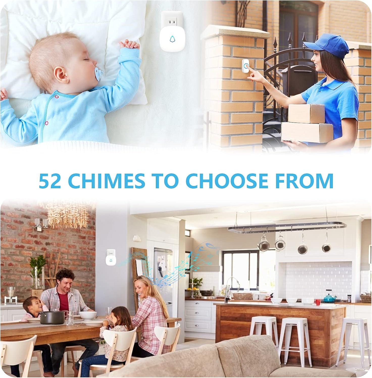 Demonstrates the versatility of the doorbell/chime system across multiple real-world scenarios including baby monitoring, delivery alerts, and whole-home coverage to show shoppers the product works…
