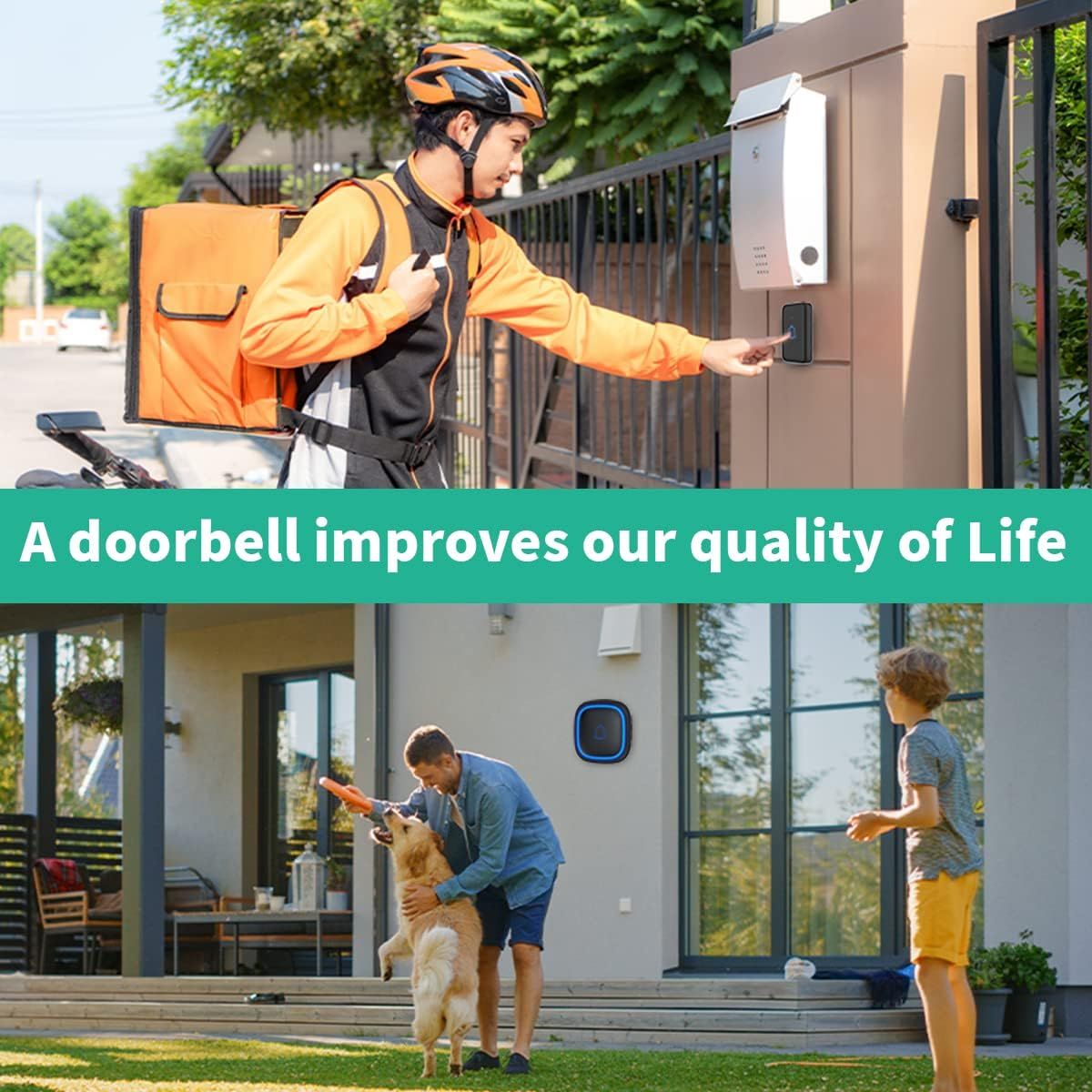 Demonstrates the doorbell's versatility by showing two distinct real-world applications: enabling secure delivery access and providing home security for families. Communicates the overarching…