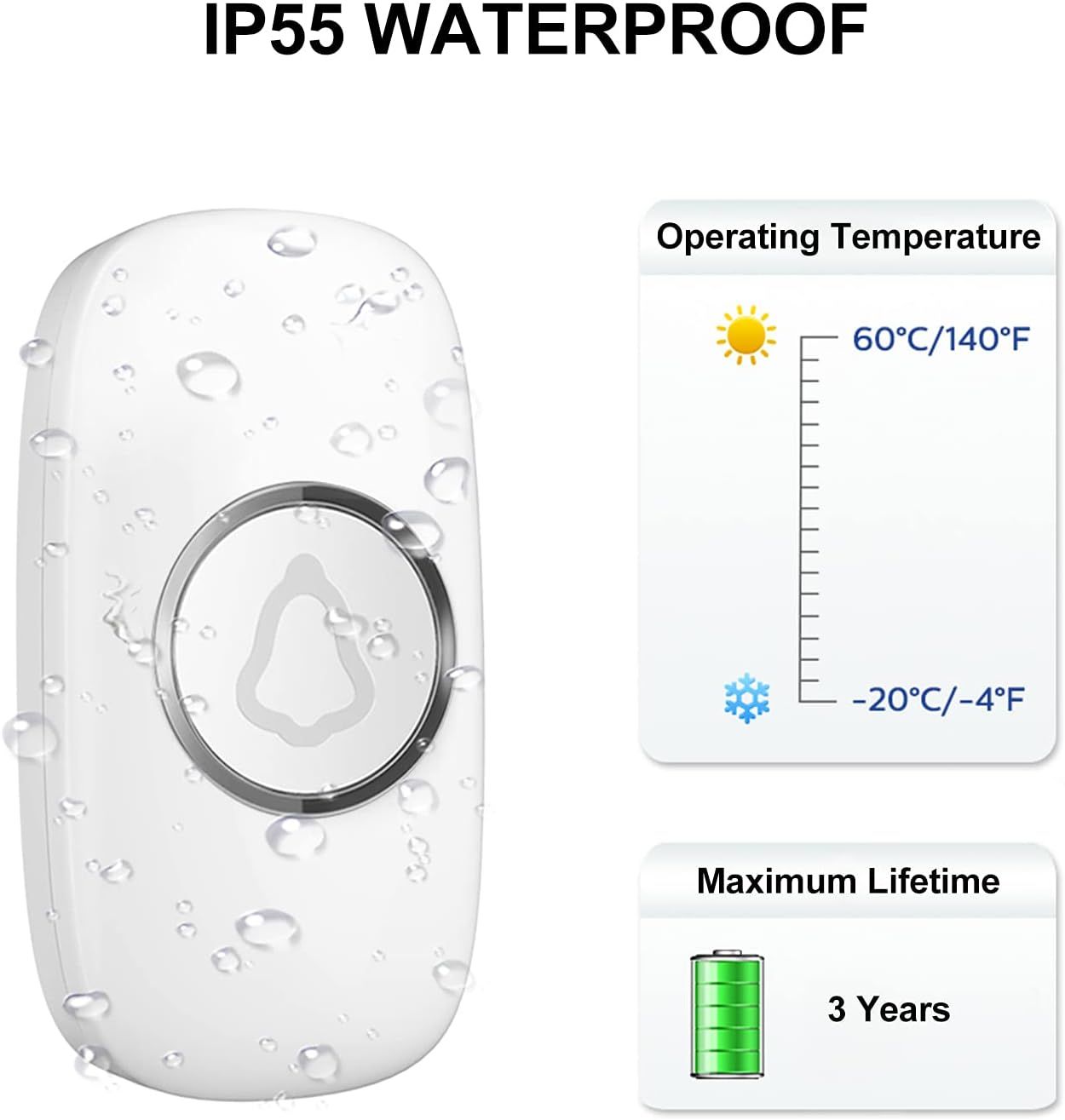 Communicates multiple technical specifications and durability features to reassure shoppers that the product is waterproof, operates in extreme temperatures, and has a long 3-year battery life.