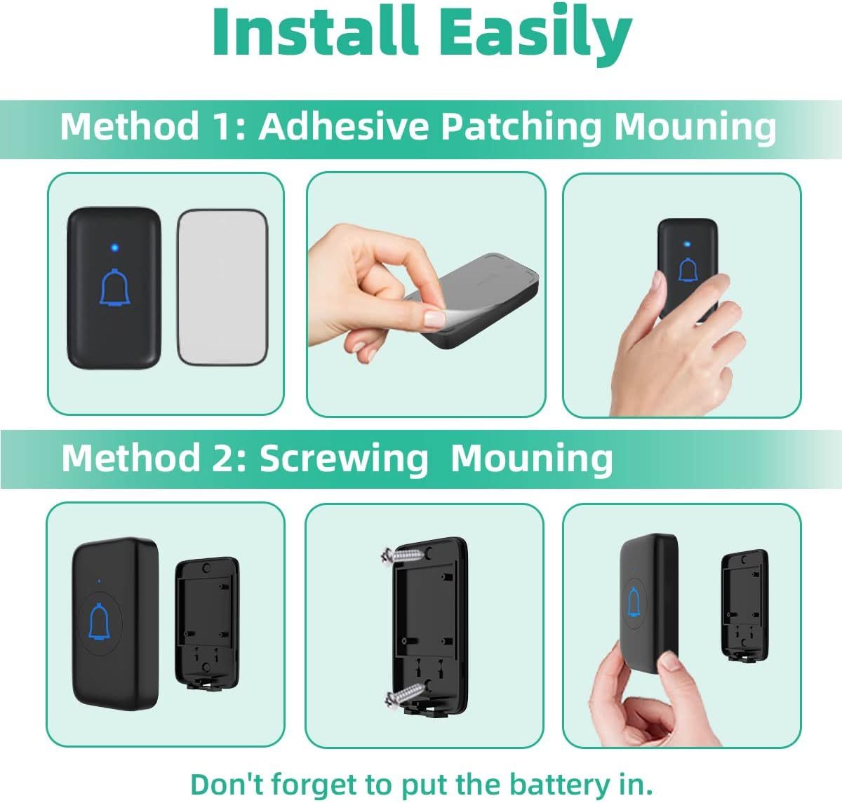 Demonstrates step-by-step installation instructions for the doorbell, showing two different mounting options (adhesive and screwing) to reassure shoppers that setup is simple and flexible.