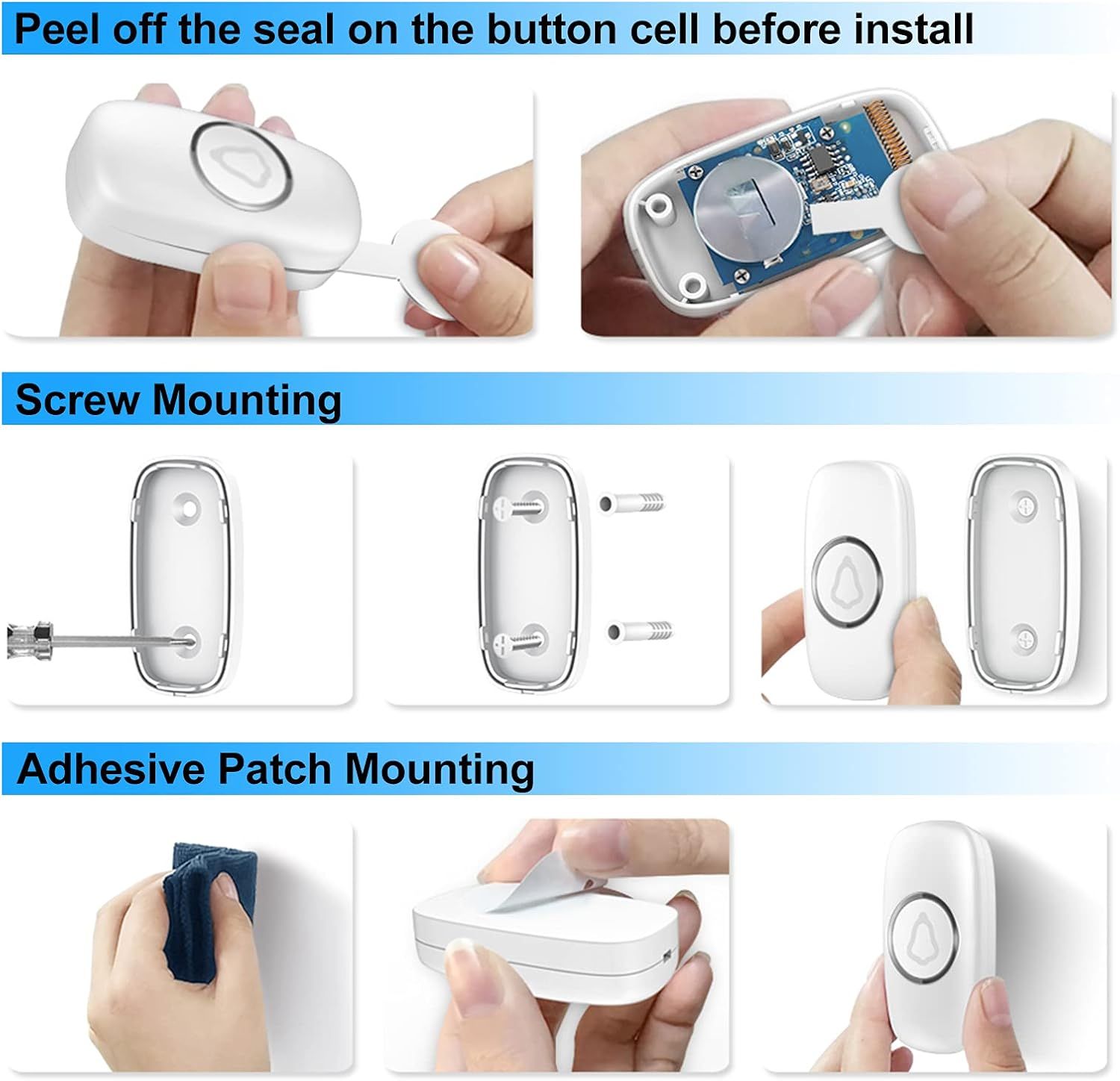 This image provides step-by-step installation guidance, showing shoppers how to prepare the button cell battery and offering two mounting methods (screw mounting and adhesive patch) to reassure them…