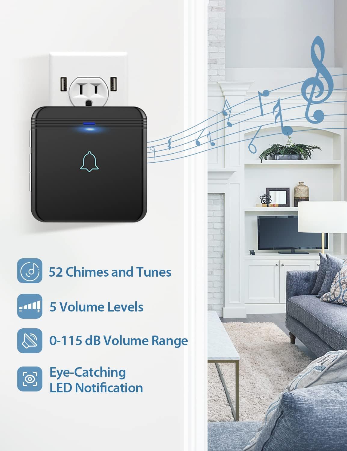 Communicates the doorbell chime's versatility and customization options, reassuring shoppers they can adjust sound and volume to their preferences and receive visual alerts.