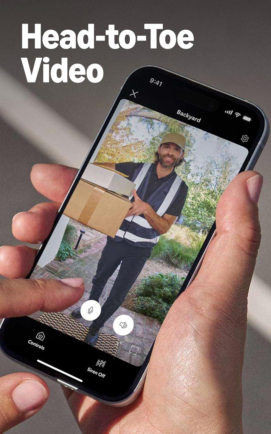 Demonstrates the product's video capability that captures full-body footage, reassuring shoppers they can monitor visitors from head to toe.