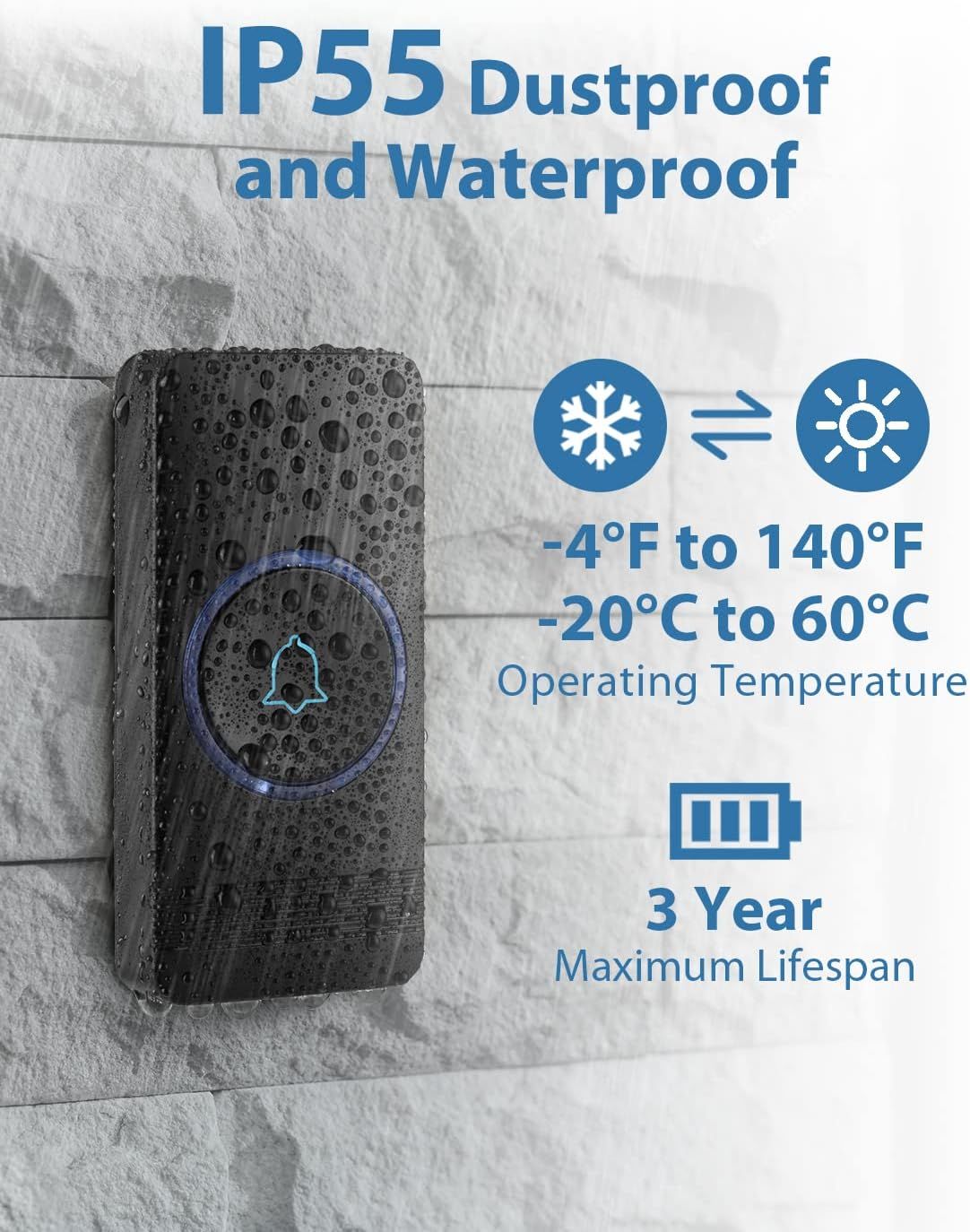 Communicates multiple key benefits of the doorbell including weather resistance, extreme temperature durability, and long battery life to reassure shoppers of its reliability and longevity in…