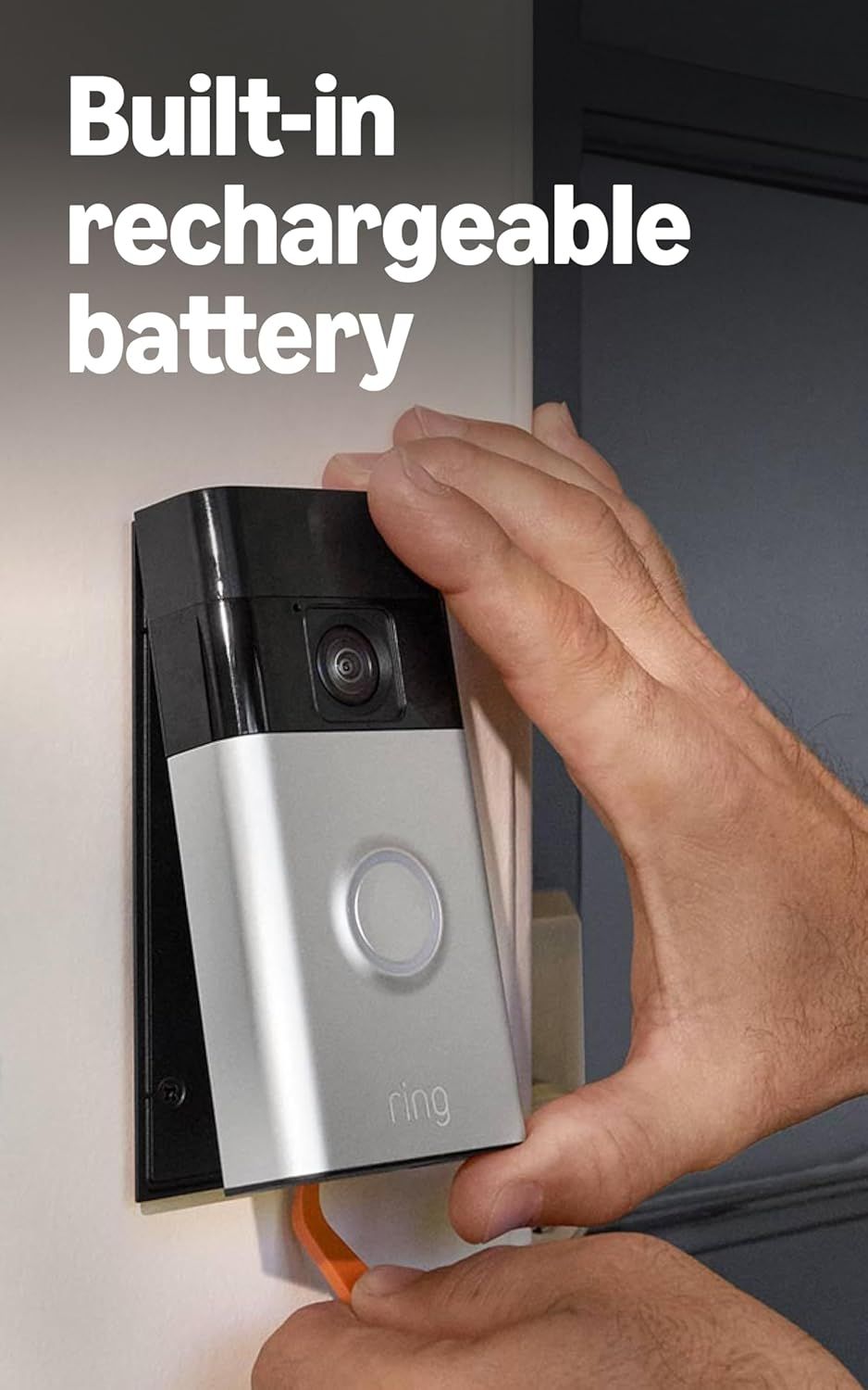 Highlights the convenience of a built-in rechargeable battery, reassuring shoppers that the doorbell doesn't require frequent battery replacements or hardwiring.