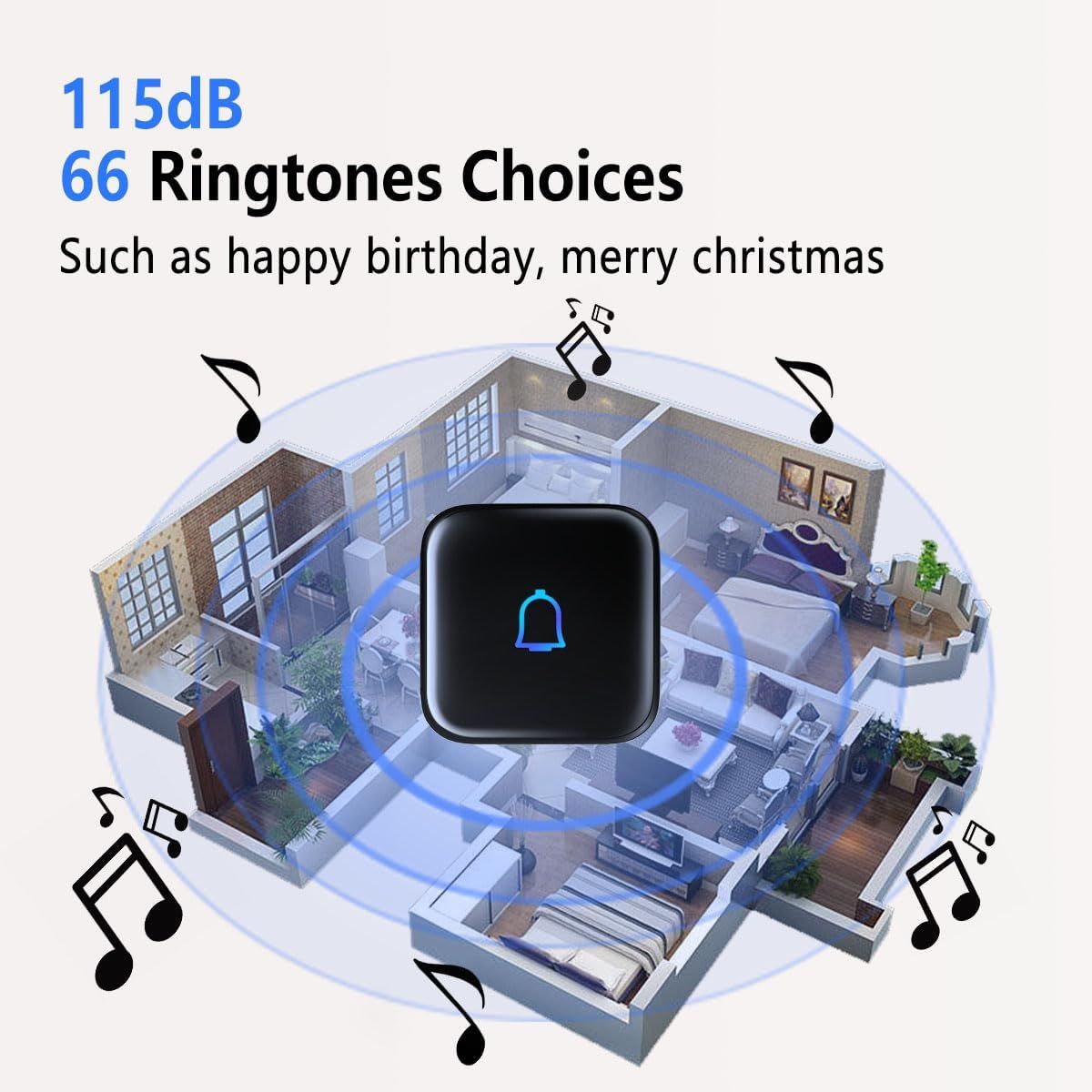 Demonstrates the product's versatility by showing it can be used in multiple rooms throughout a home with various ringtone options for different occasions like birthdays and Christmas. Highlights…