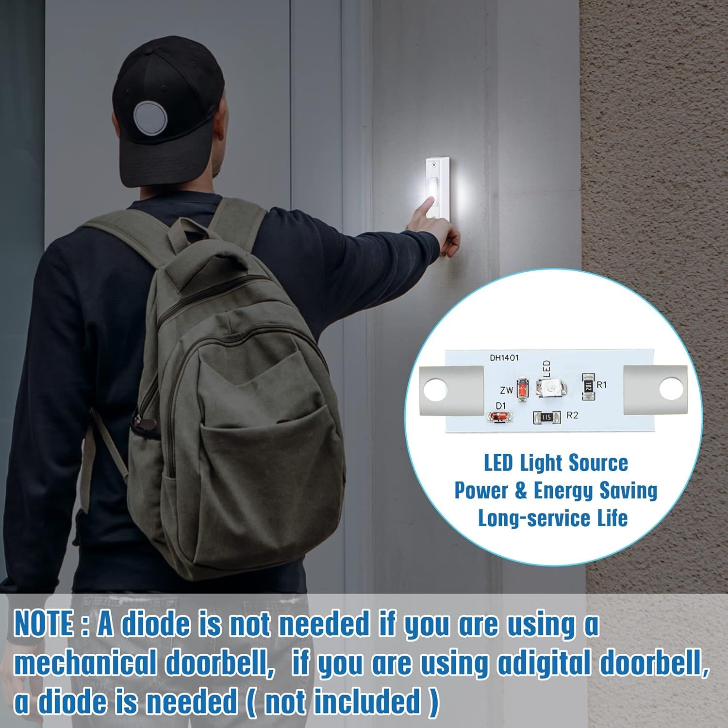 Shows the internal circuit board and LED light source to educate shoppers about the technical components and energy-efficient design of the doorbell. Highlights the LED light source's power…