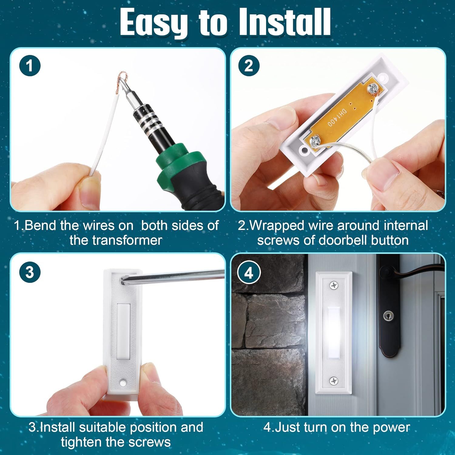 Demonstrates the simple 4-step installation process for the doorbell button to reassure shoppers that setup is quick and straightforward, even without technical expertise.