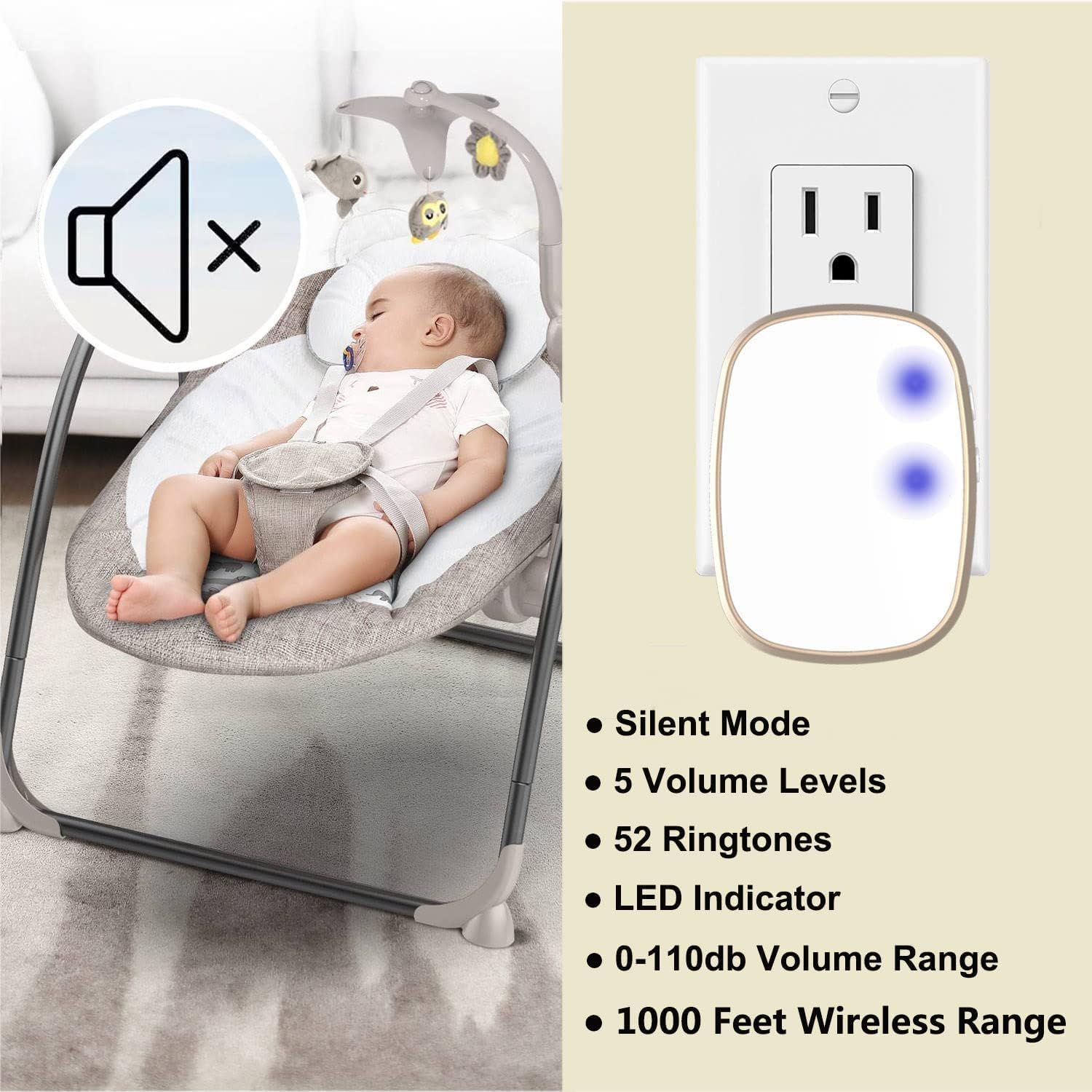 Communicates multiple technical features and benefits of the wireless doorbell or chime device, emphasizing its versatility with silent mode, adjustable volume, extensive wireless range, and visual…