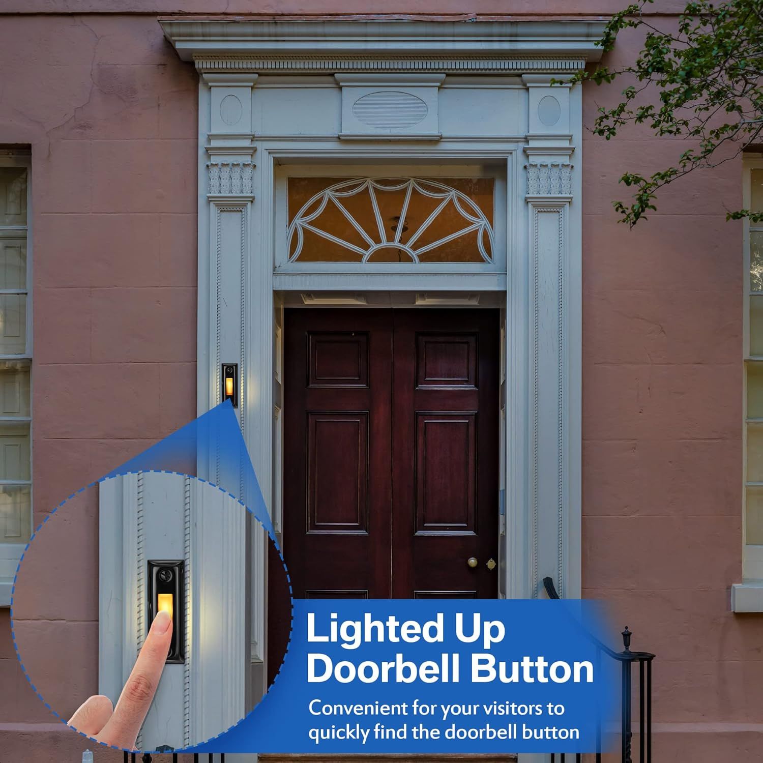 Highlights the illuminated doorbell button feature to reassure shoppers that visitors can easily locate the doorbell in low-light conditions, improving convenience and accessibility.