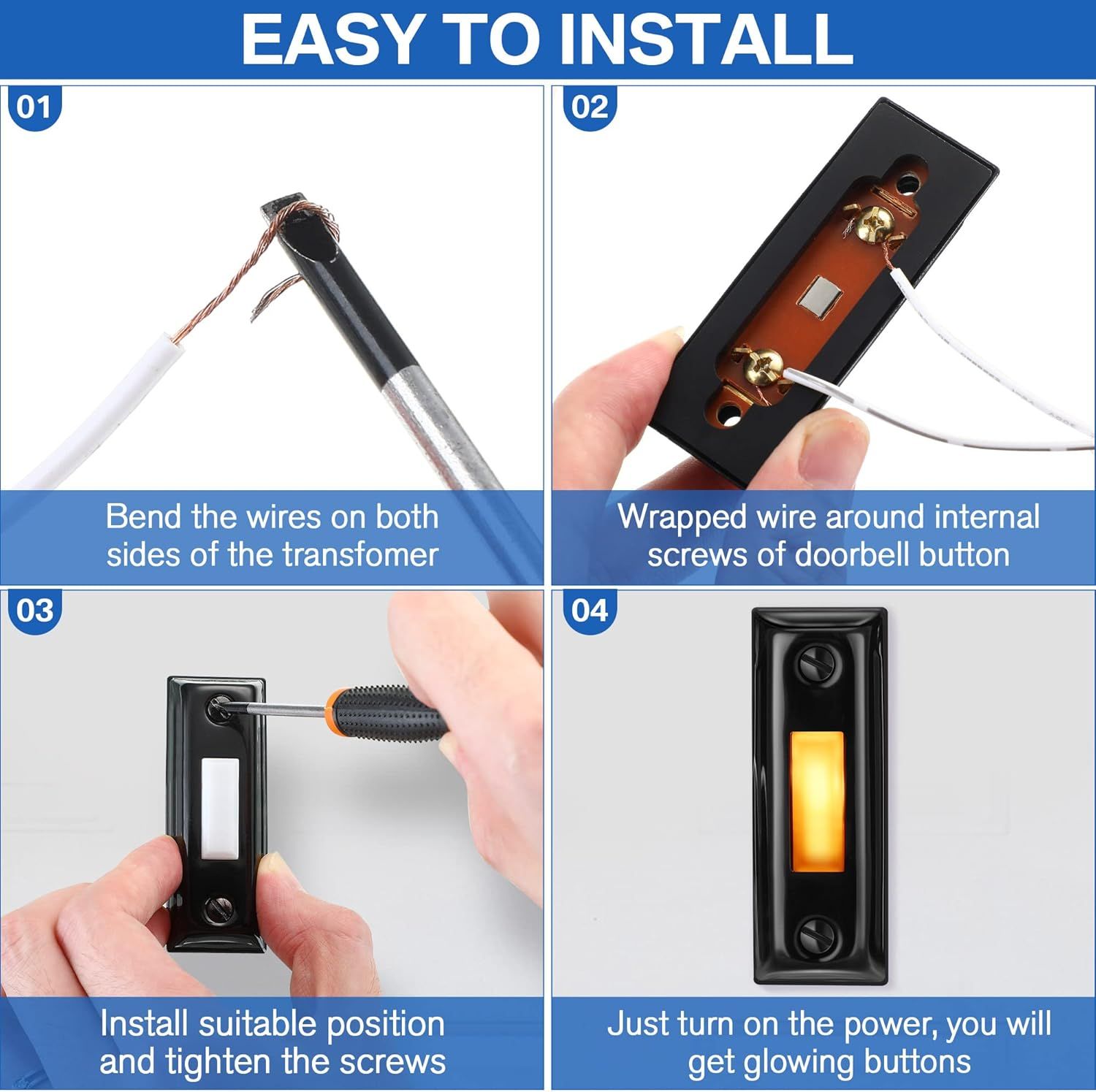 This image demonstrates the step-by-step installation process for a doorbell button, reassuring shoppers that the product is simple to install without professional help.