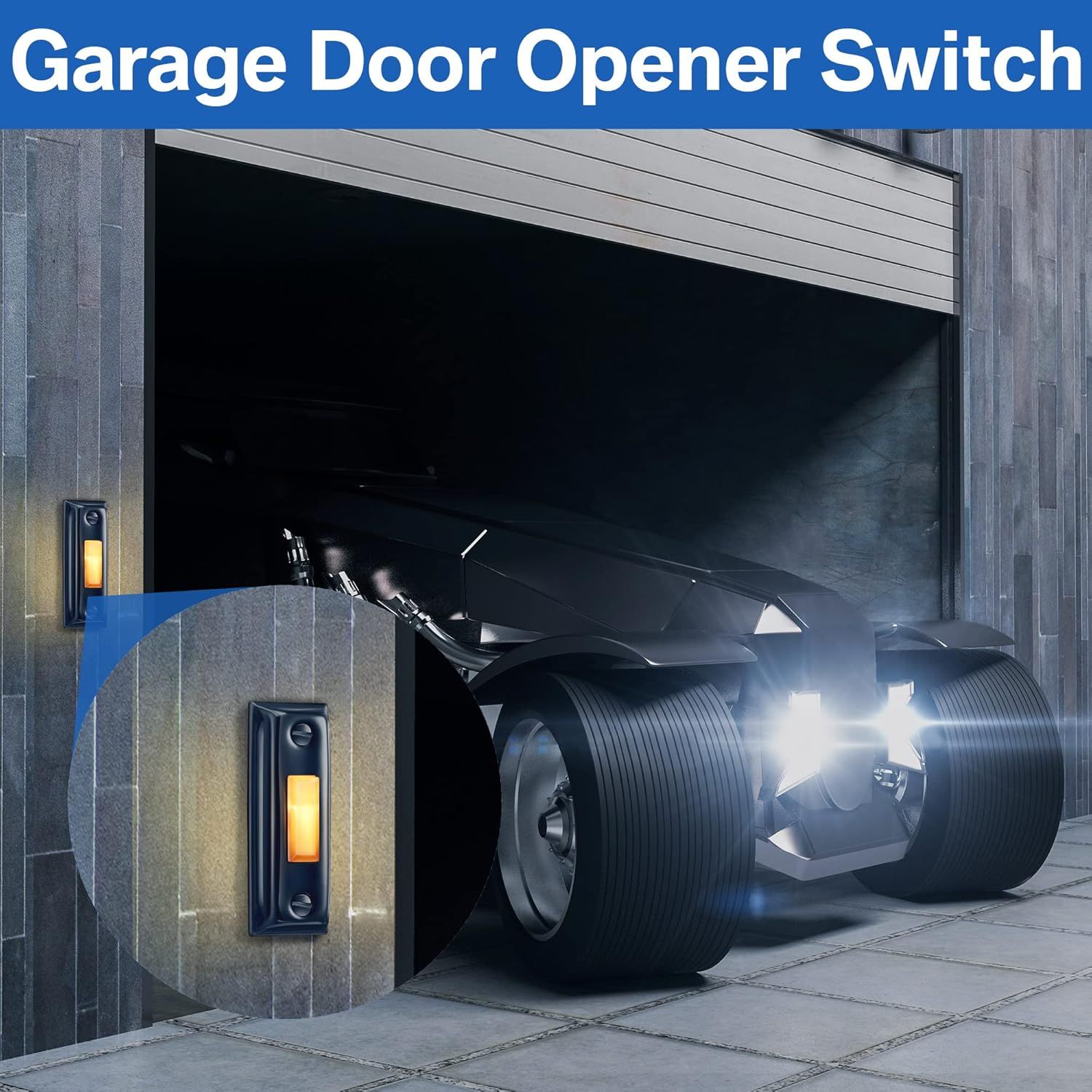 Demonstrates the product's application as a garage door opener switch, showing how it enables convenient access control for garage doors in a real-world setting.