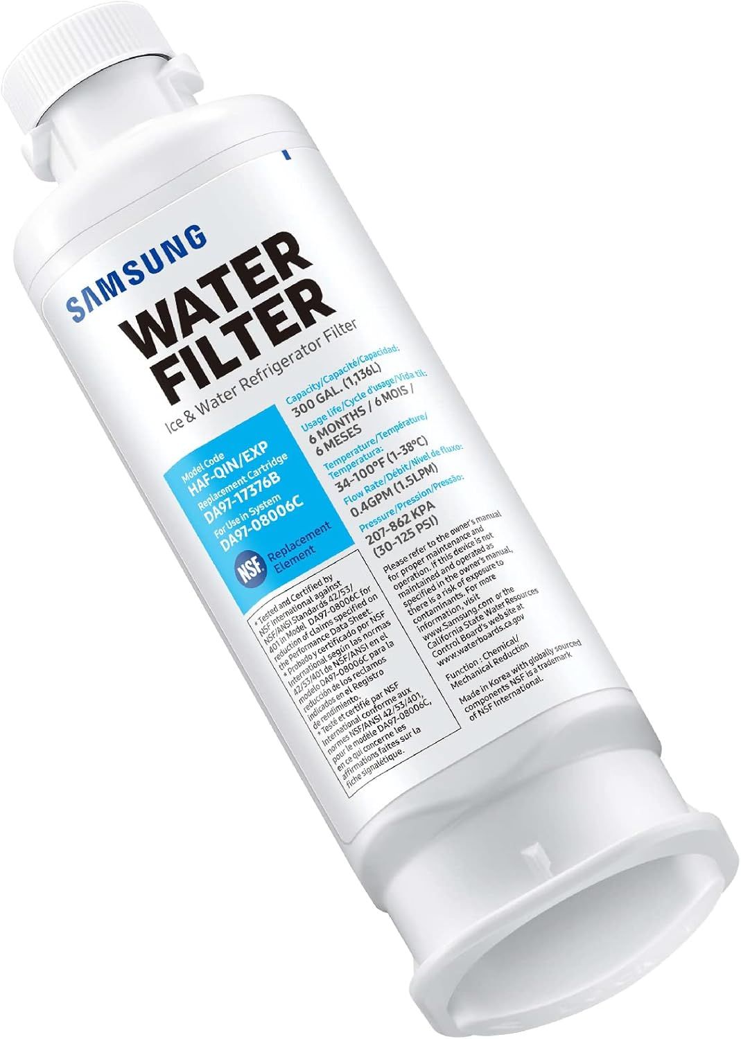 Provides a clean, catalog-style view of the Samsung water filter product showing the brand, model numbers, and compatibility information on the packaging.