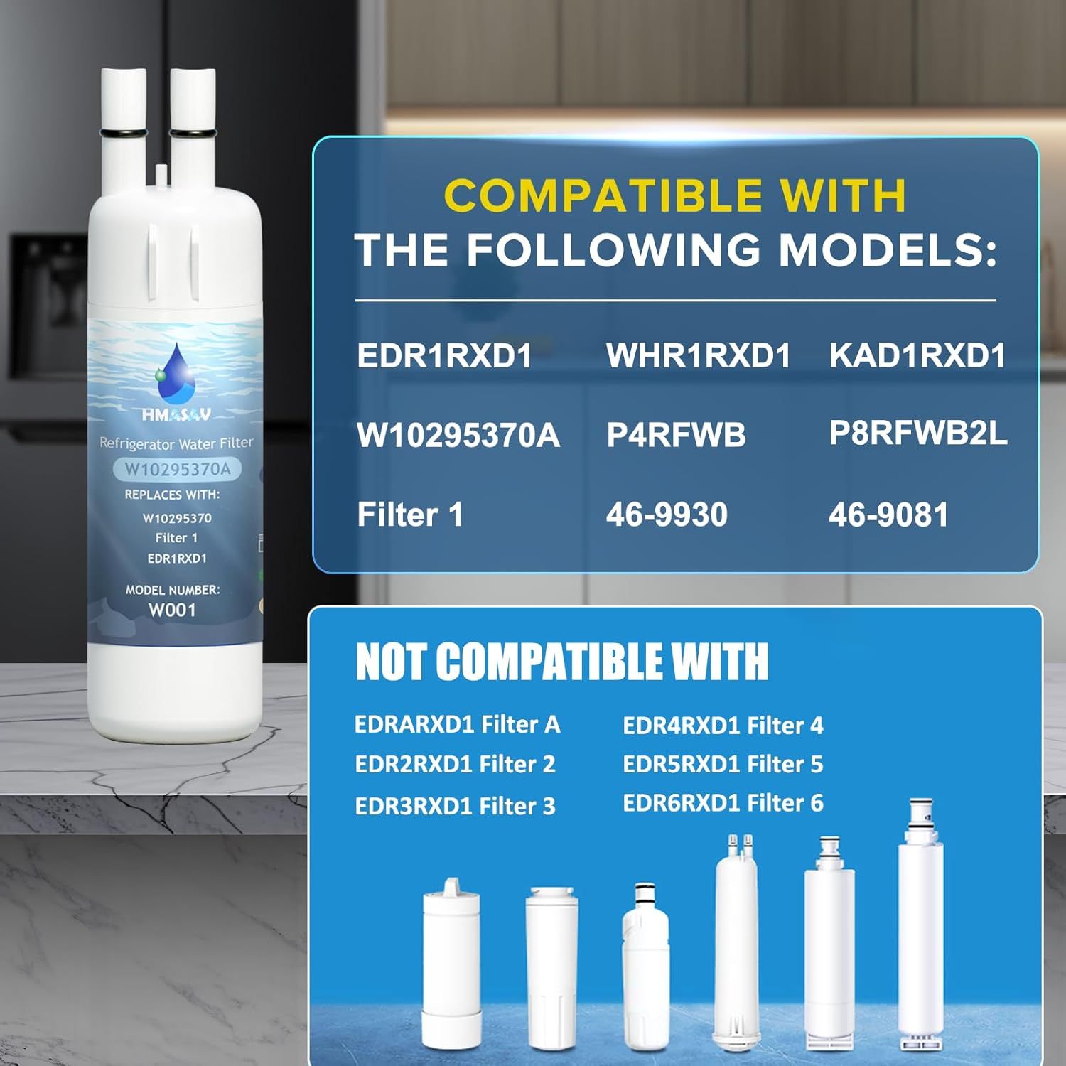This image communicates which refrigerator models the water filter is compatible with and which models it does NOT work with, helping shoppers verify fit before purchase.