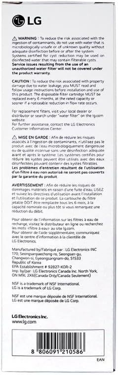 Shows the product packaging with important safety warnings, service information, and regulatory details for customer reference.