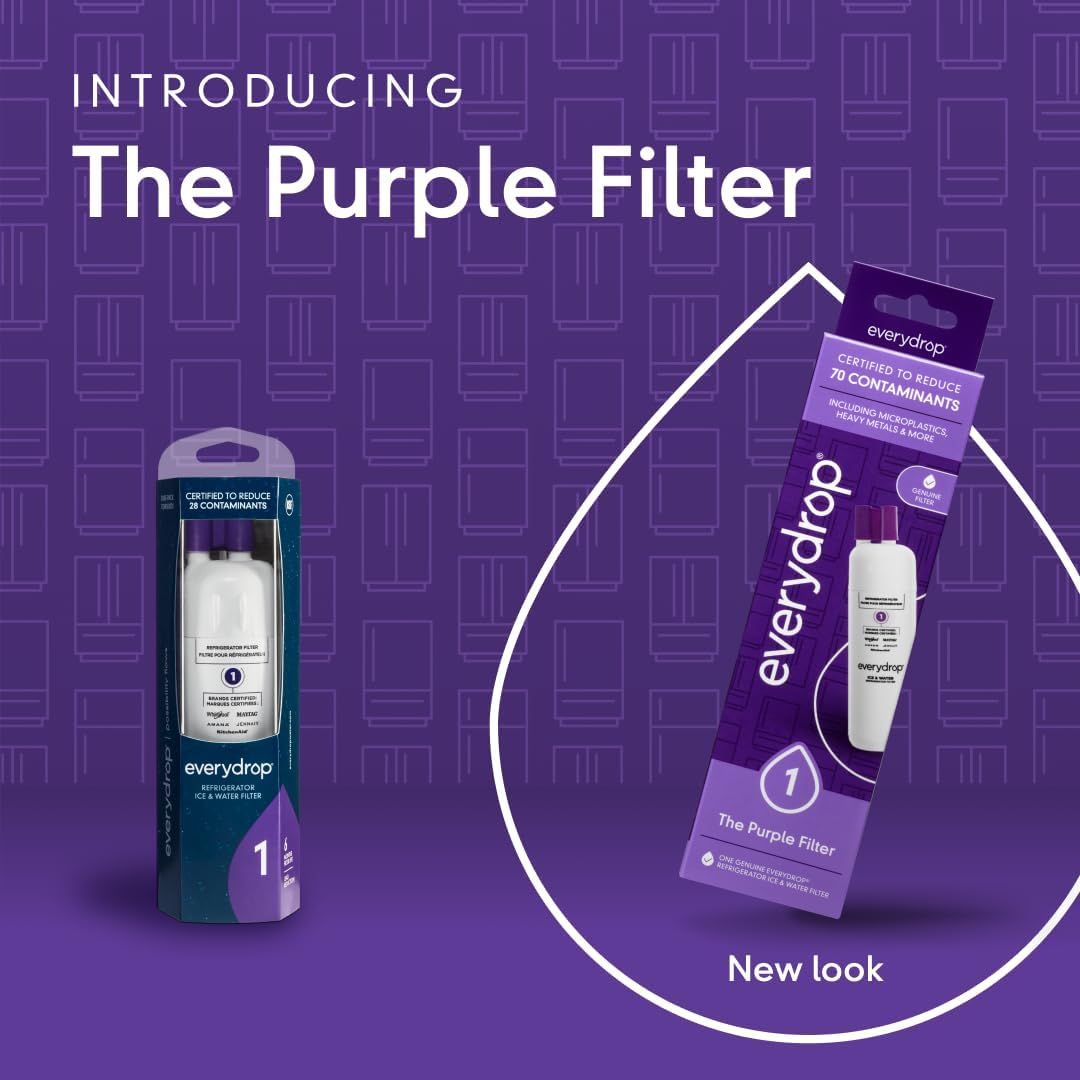Introduces the new packaging design for the Purple Filter product line, showing both old and new versions to communicate the brand refresh and help customers recognize the updated look.
