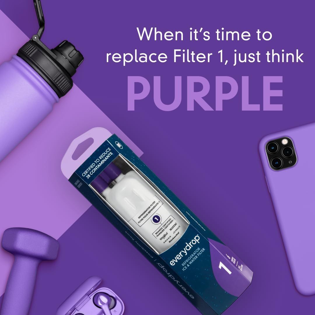 Communicates the brand's color-coded filter replacement system (purple = Filter 1) to make maintenance simple and memorable for shoppers.