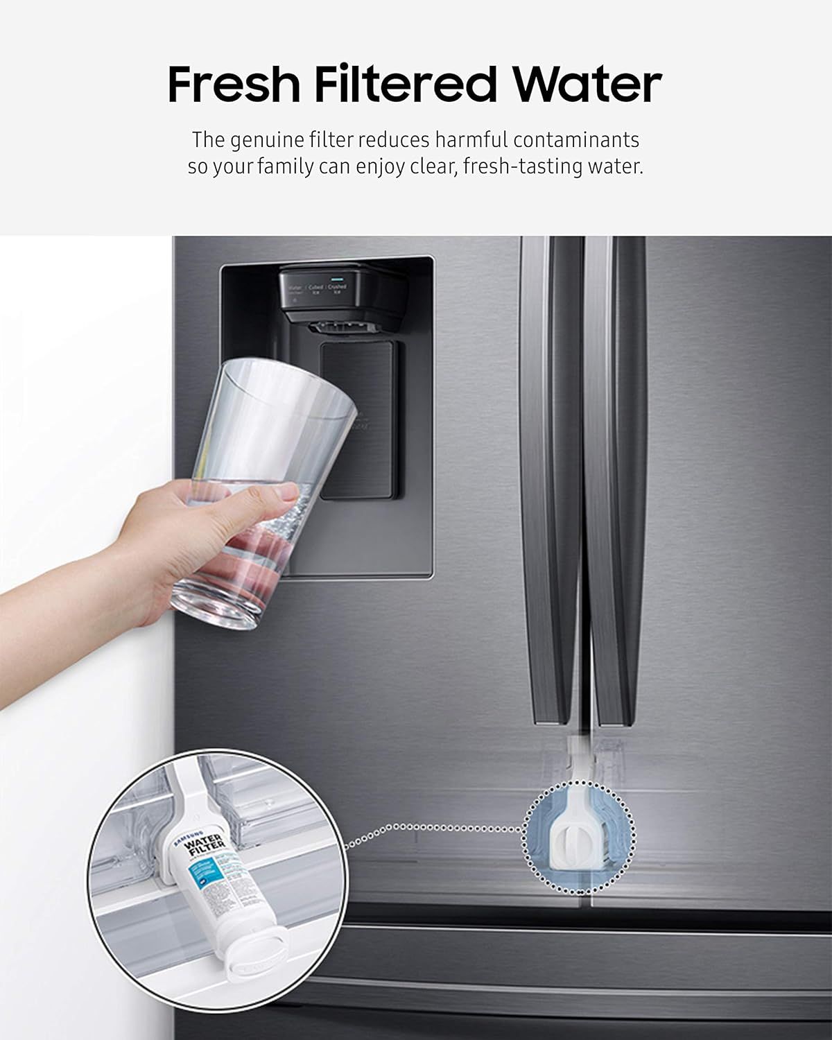Communicates that the refrigerator's genuine water filter provides clean, fresh-tasting water by reducing harmful contaminants, reassuring shoppers about water quality and family health. Shows where…