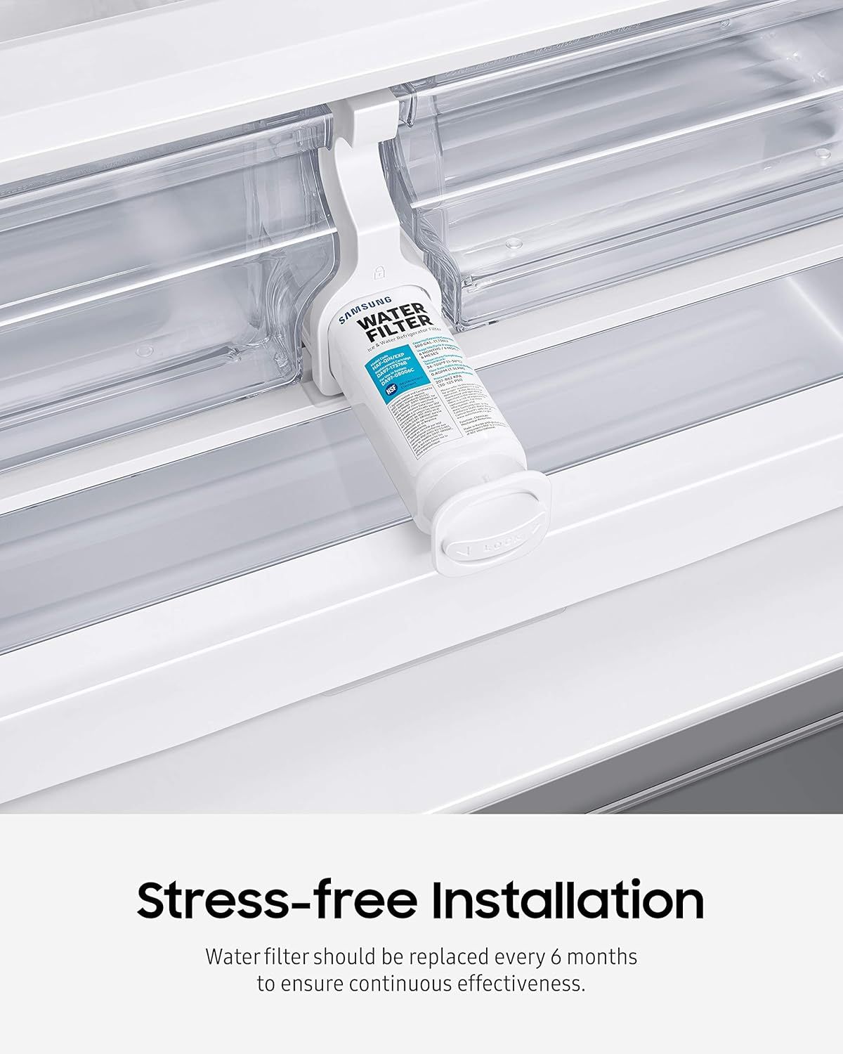 Demonstrates the simple installation process of the Samsung water filter and reminds shoppers that the filter should be replaced every 6 months for continuous effectiveness. Reassures shoppers that…
