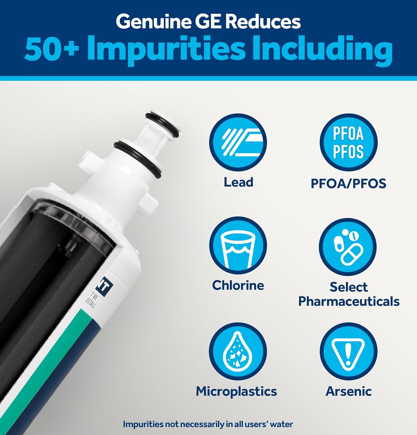 Communicates the comprehensive water filtration capabilities of the Genuine GE filter by showcasing multiple contaminants it removes, reassuring shoppers of clean, safe drinking water.