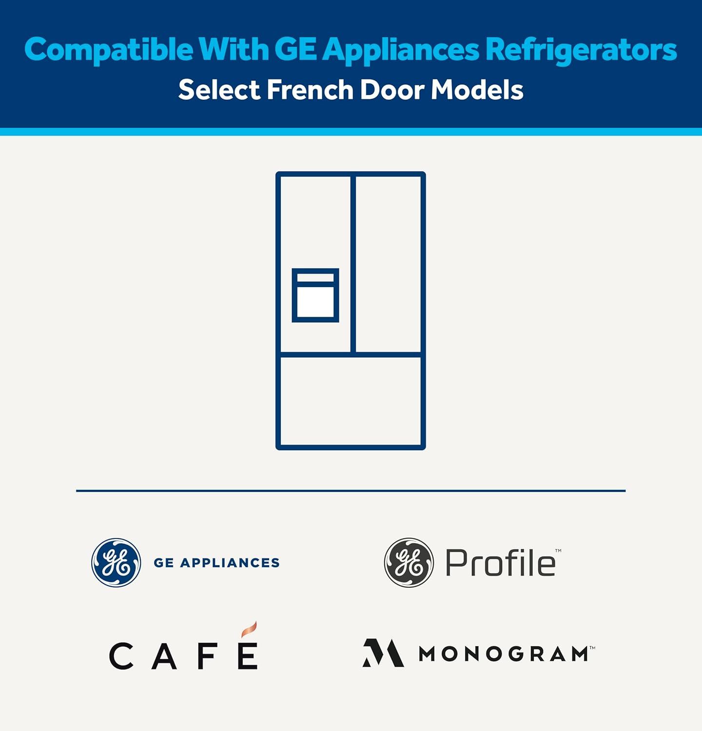 Communicates that this product is compatible with select GE Appliances refrigerator models (GE Appliances, Profile, Café, and Monogram brands), helping shoppers understand which appliances the…