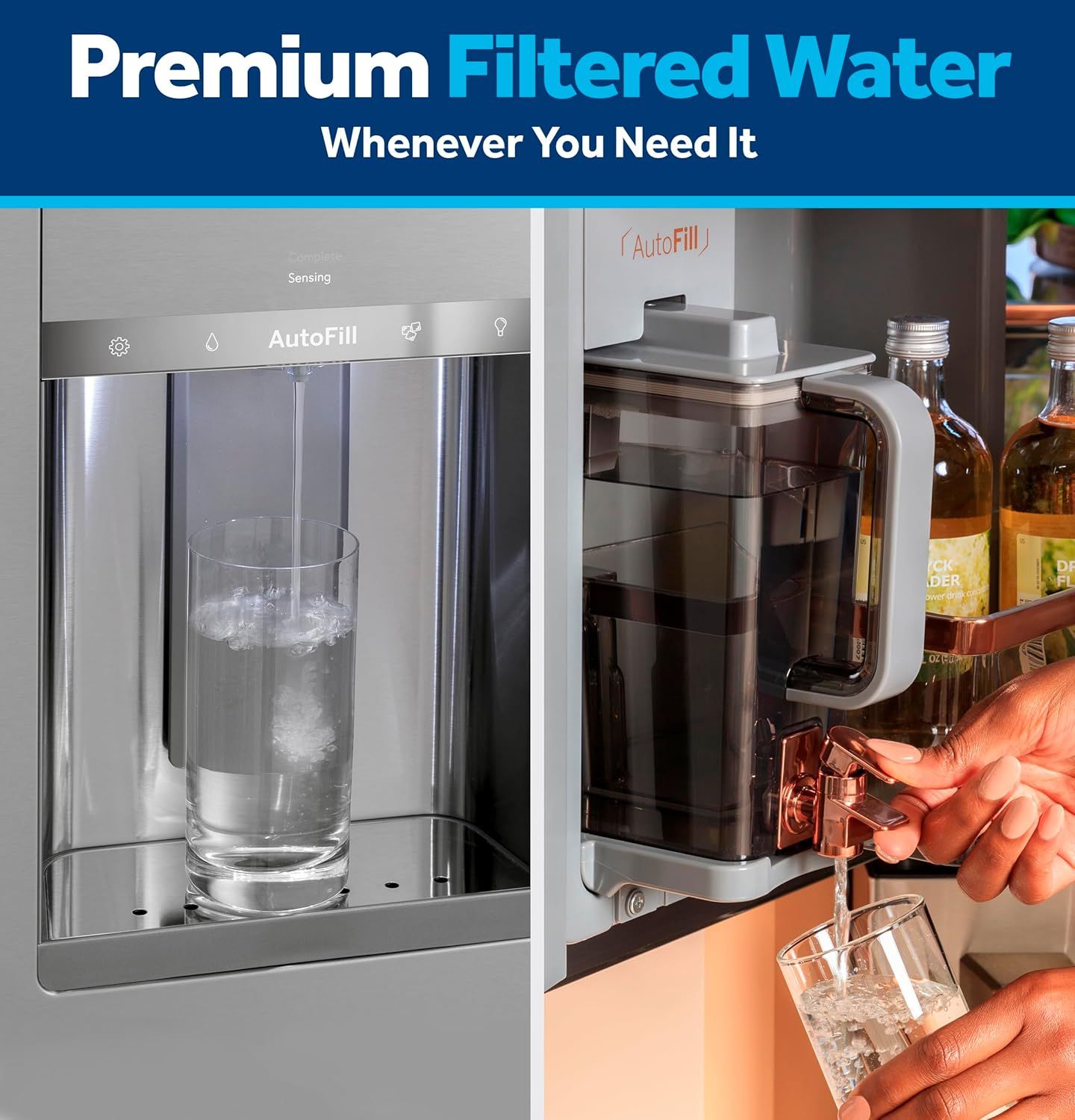 Demonstrates the product's versatility by showing two different applications: integrated into a refrigerator door dispenser and as a standalone countertop pitcher, reassuring shoppers that premium…
