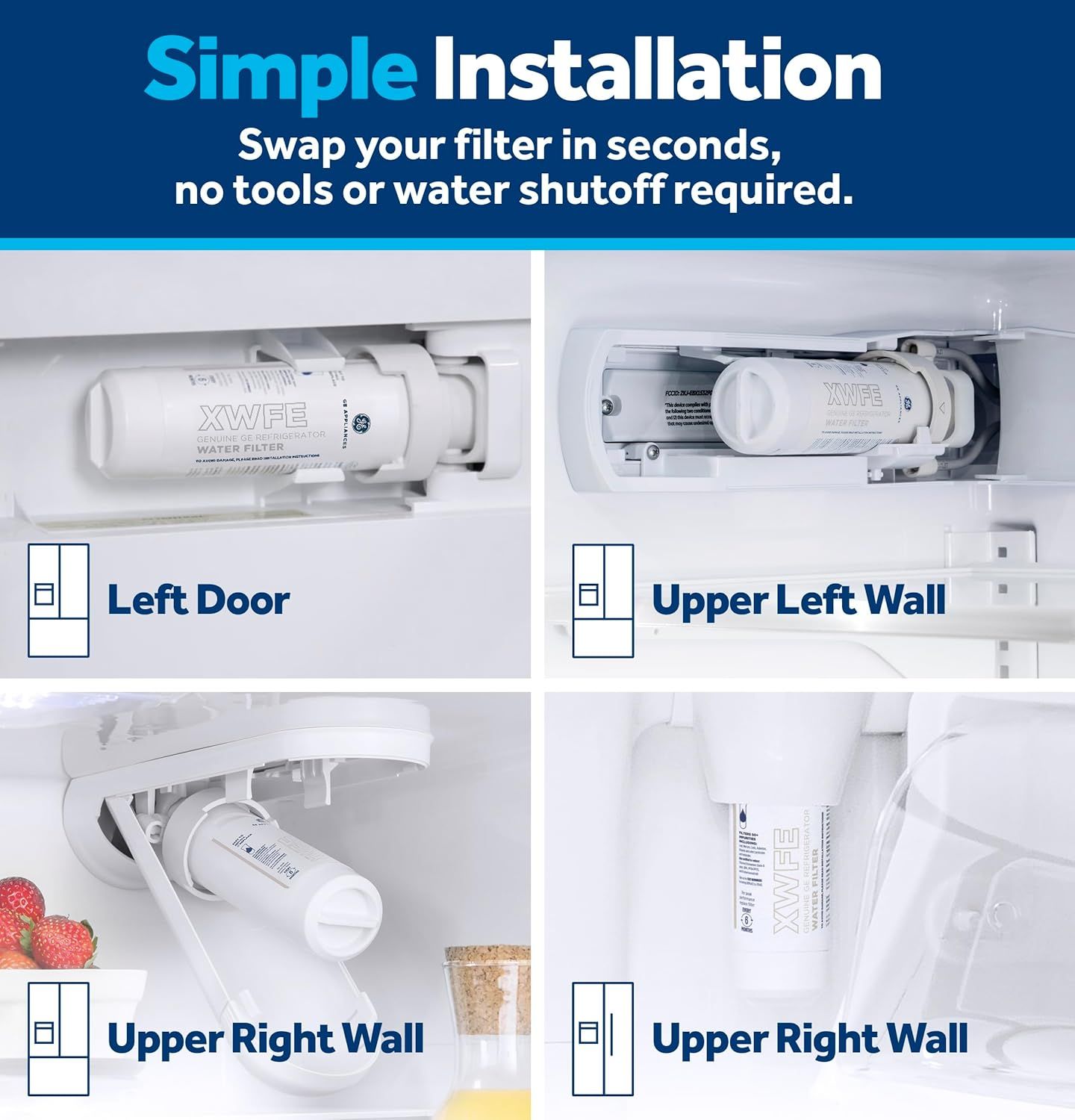 Demonstrates how easy it is to install the water filter by showing multiple possible installation locations inside a refrigerator, reassuring shoppers that no tools or water shutoff are required.…