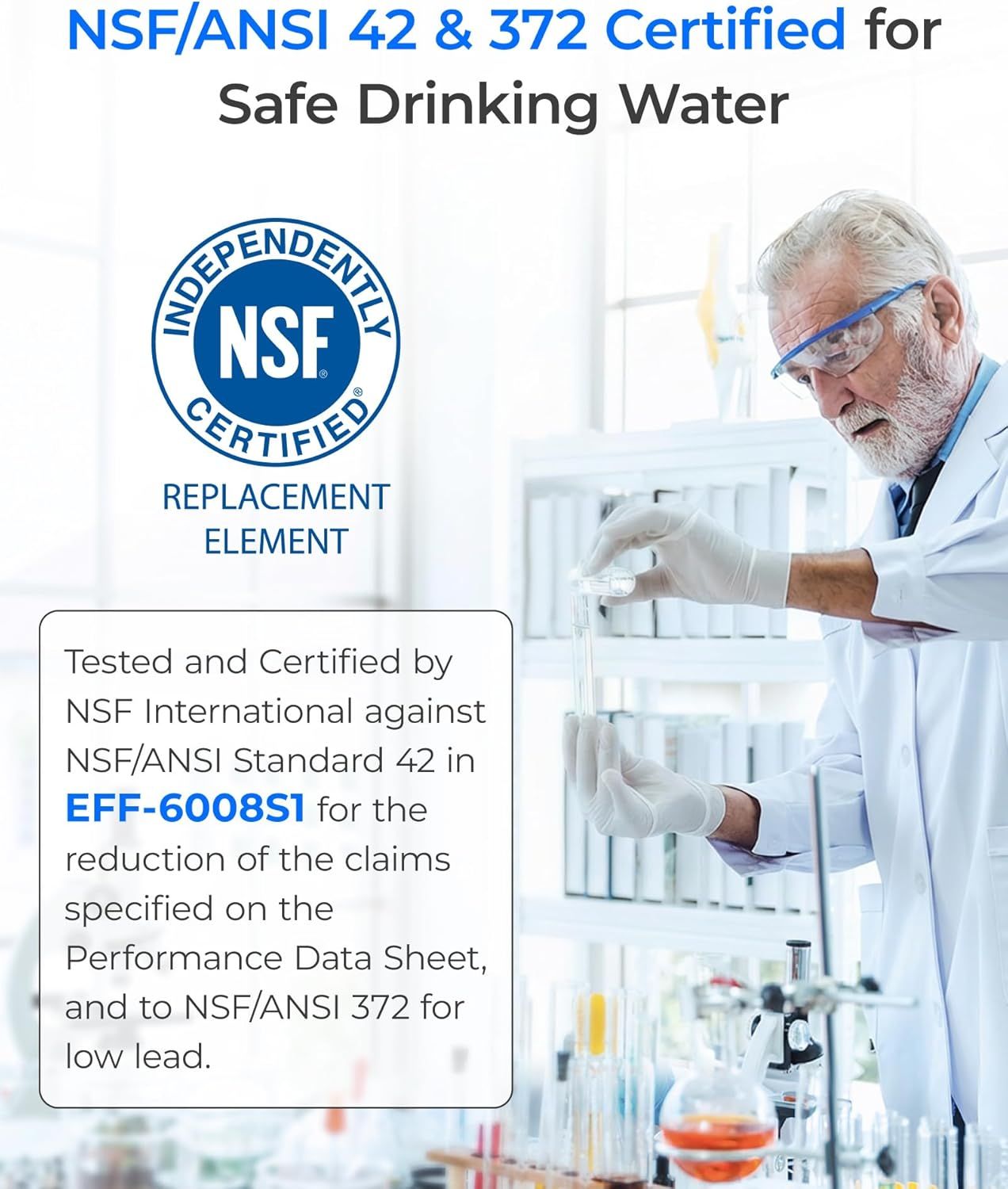 Communicates that the product is independently certified for safe drinking water and low lead content, providing reassurance about water quality and safety standards.