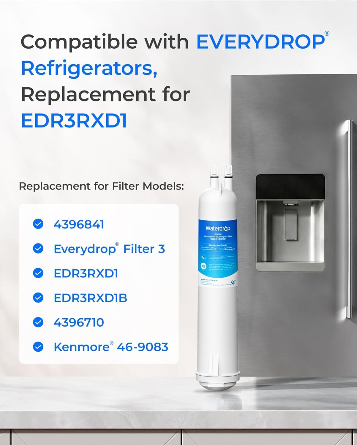 Communicates which refrigerator brands and filter model numbers this product is compatible with, helping shoppers confirm fitment and reassuring them this filter will work as a replacement.