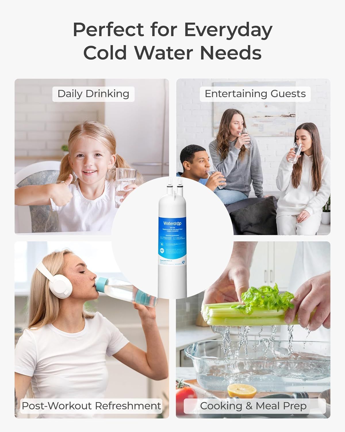 Demonstrates the versatility of the water filter by showing four distinct everyday scenarios where cold filtered water is useful, reassuring shoppers that the product fits seamlessly into multiple…